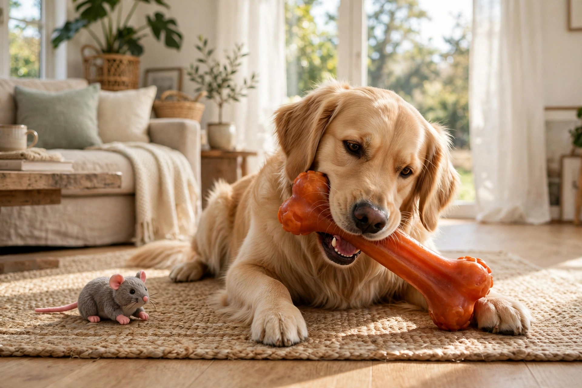 Golden retriever chewing a large dog chew bone while a cat toy lies ignored nearby