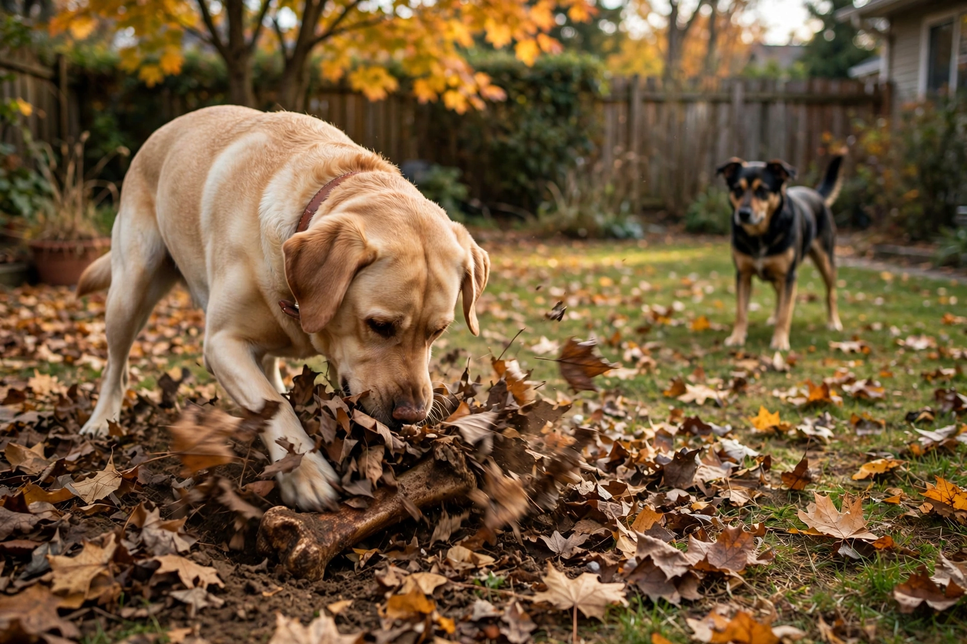 Labrador burying a bone while another dog watches from a distance