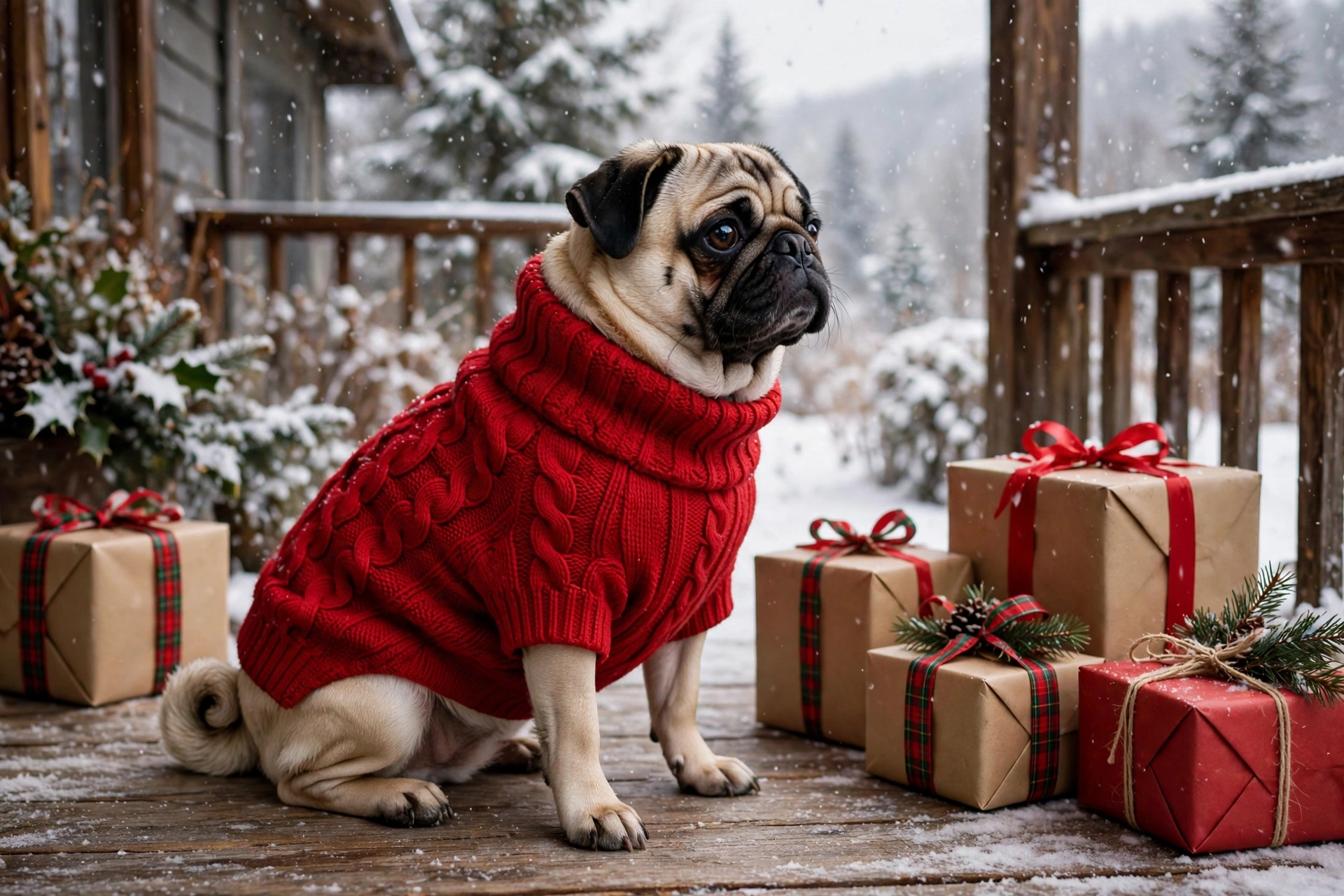 Pug in a classic red Kuoser cable knit Christmas dog sweater
