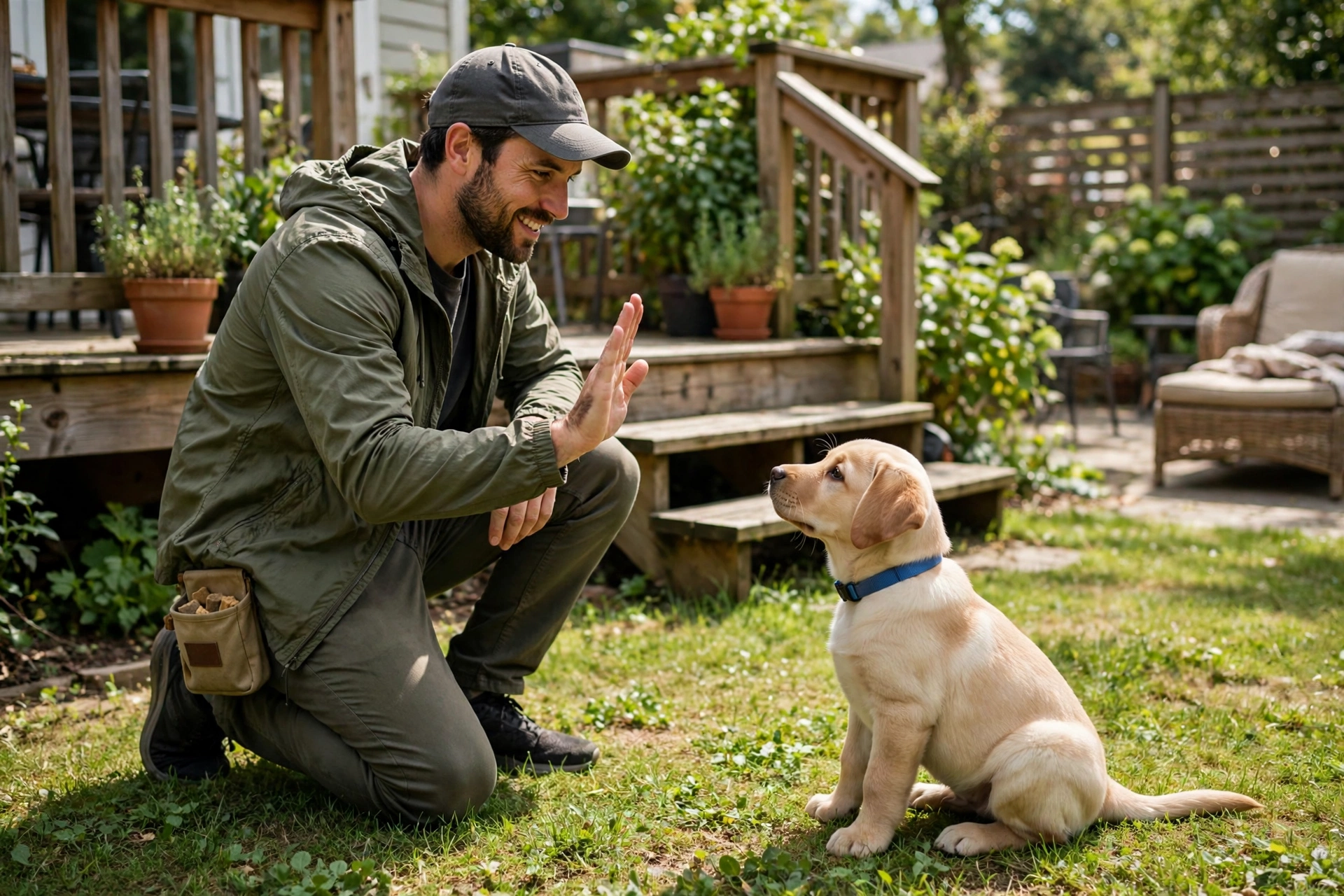 Person training a labrador puppy with treats near a wooden deck