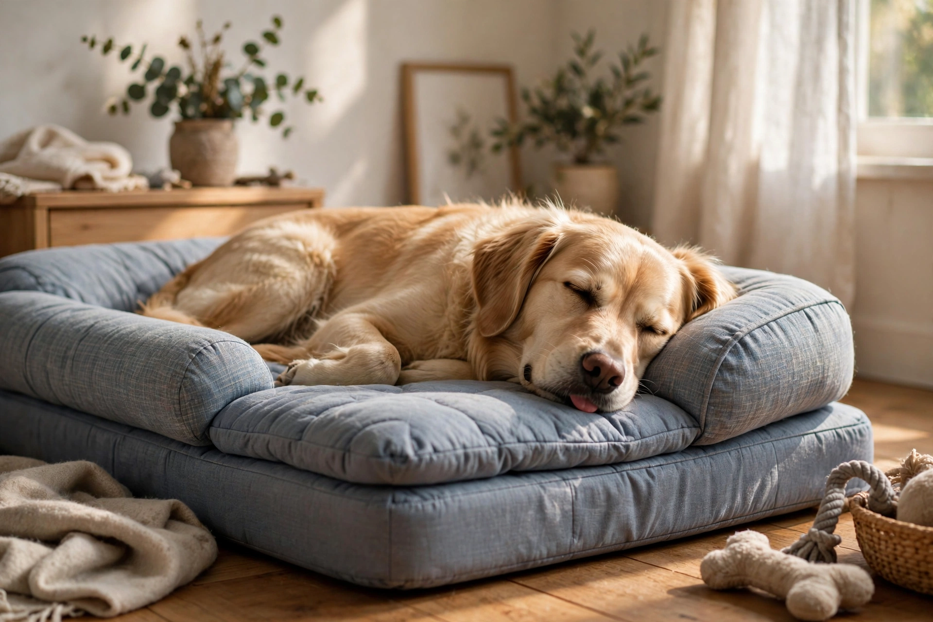 Calm dog recovering on a soft orthopedic dog bed, sleeping peacefully with tongue tip out