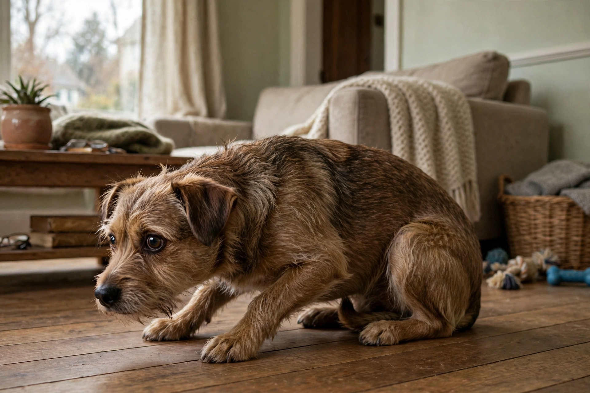 Dog with tail tucked tightly between legs cowering