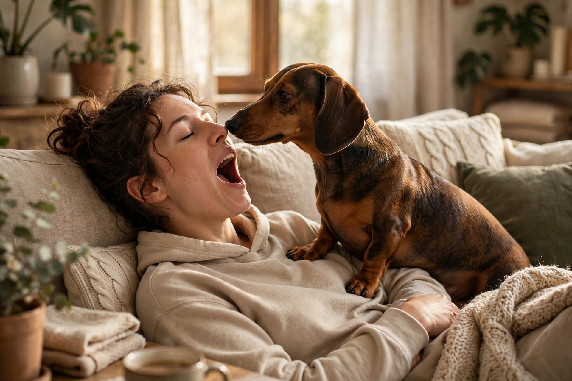 Dachshund sniffing its yawning owner's eyes in the morning
