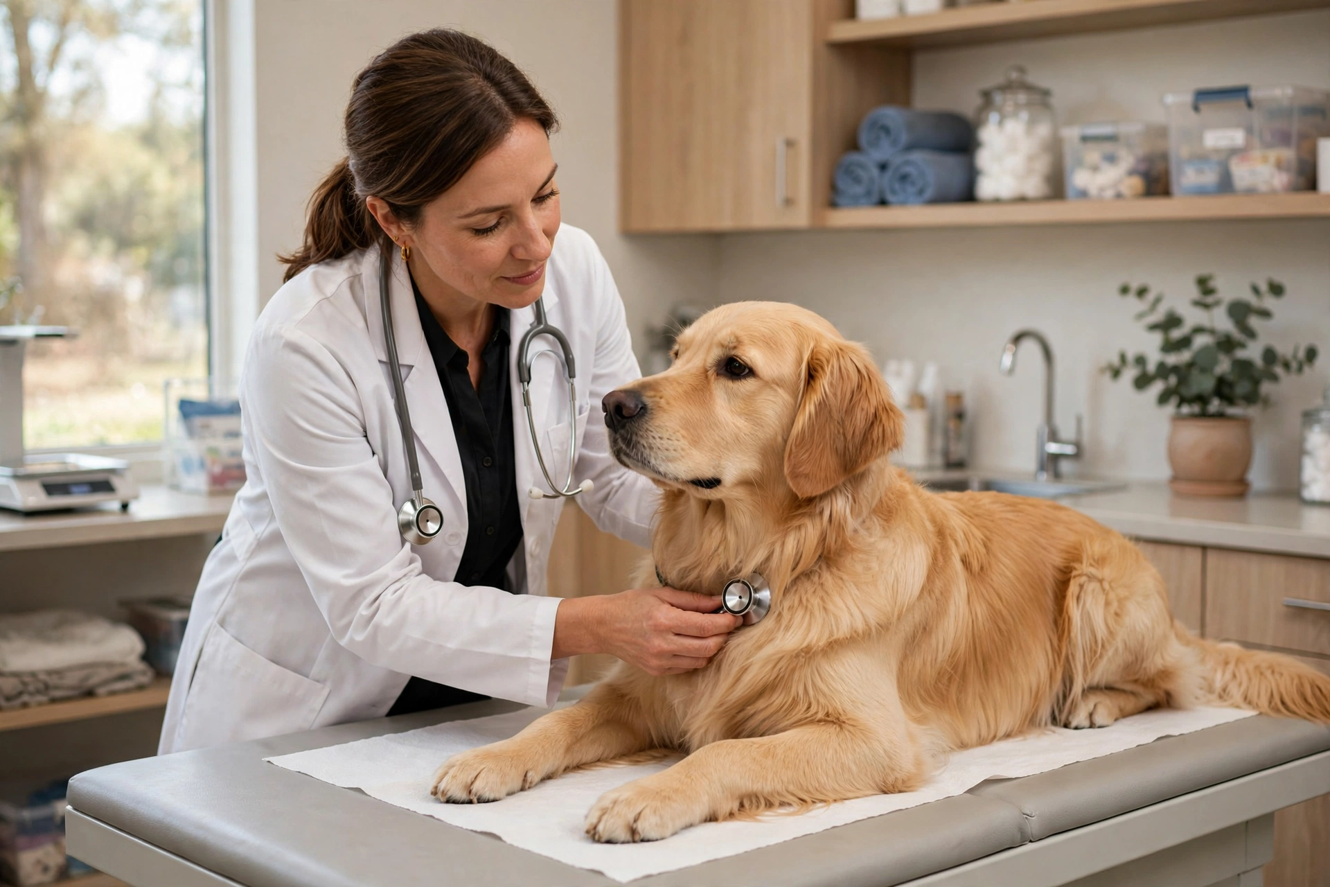 Veterinarian examining a golden retriever on an exam table