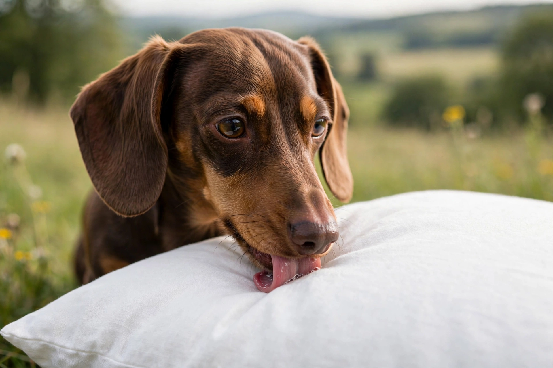 Dachshund licking a fresh white pillow