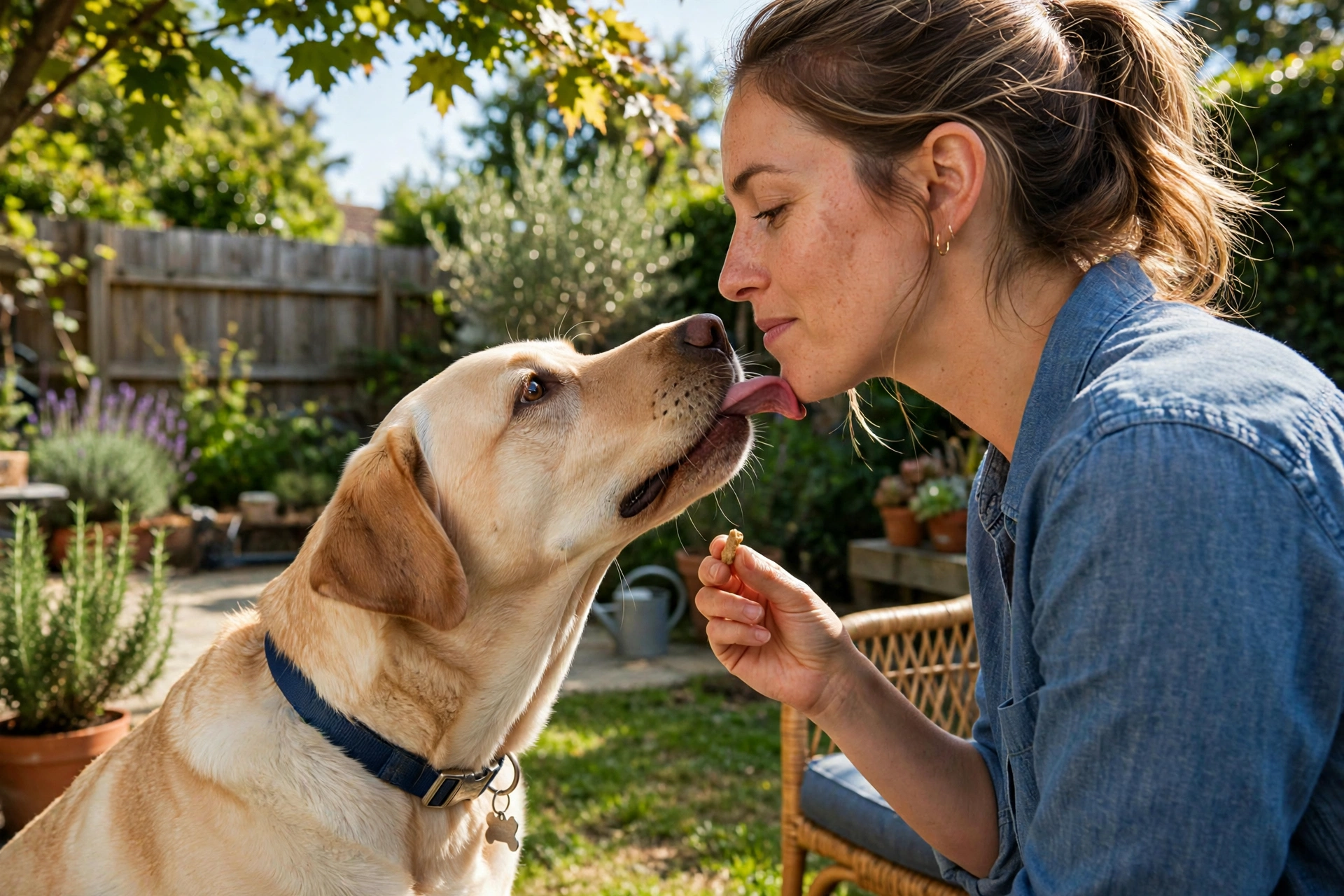 Labrador licking owner's chin out of habit while owner redirects with a treat