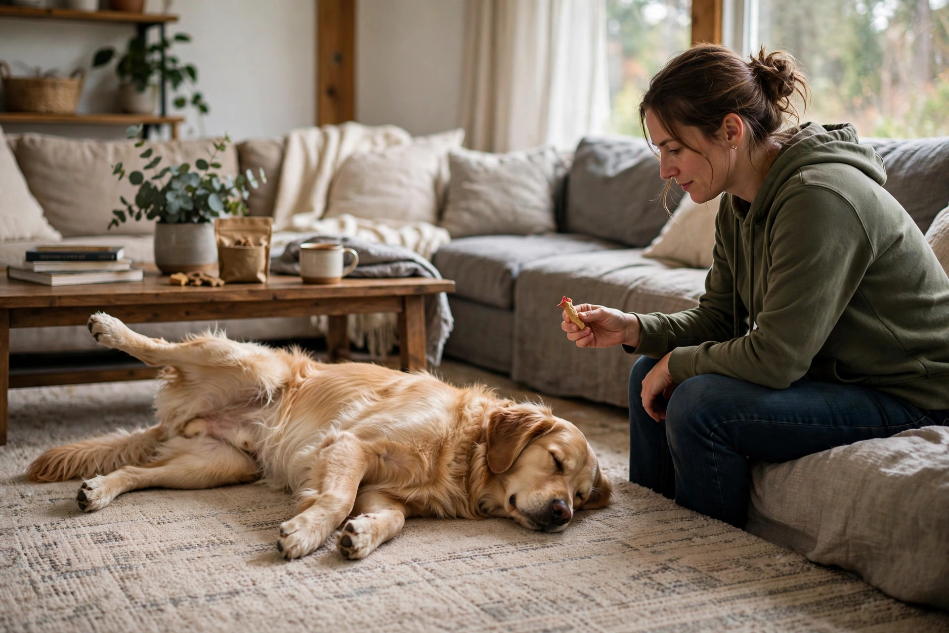 Dog holding play dead pose while owner waits before rewarding