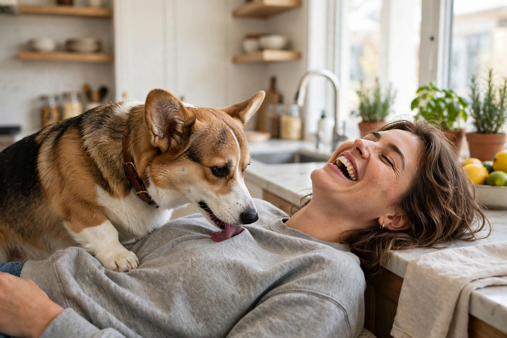 Corgi repeatedly licking owner's chest out of habit