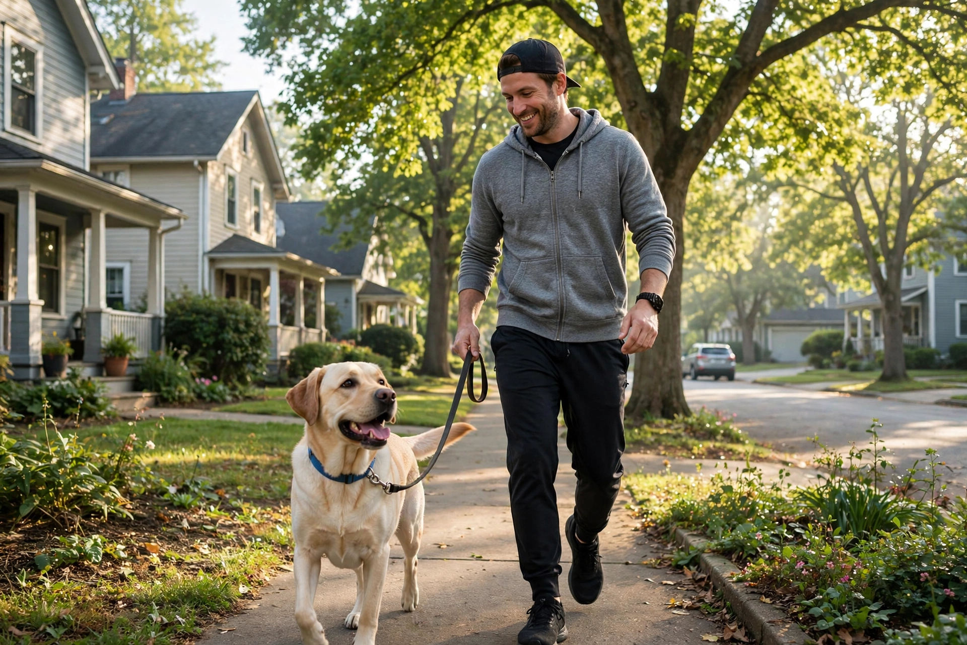 Owner walking a labrador retriever in the morning