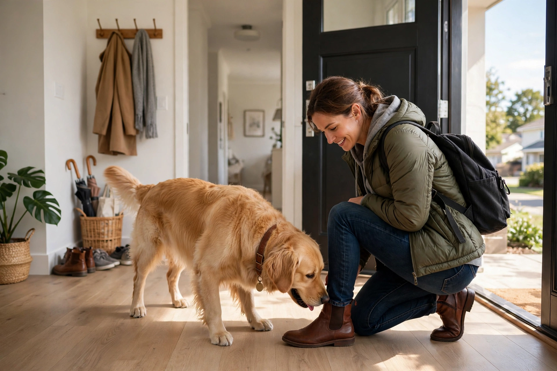 Golden retriever greeting and sniffing its owner at the front door when arriving home