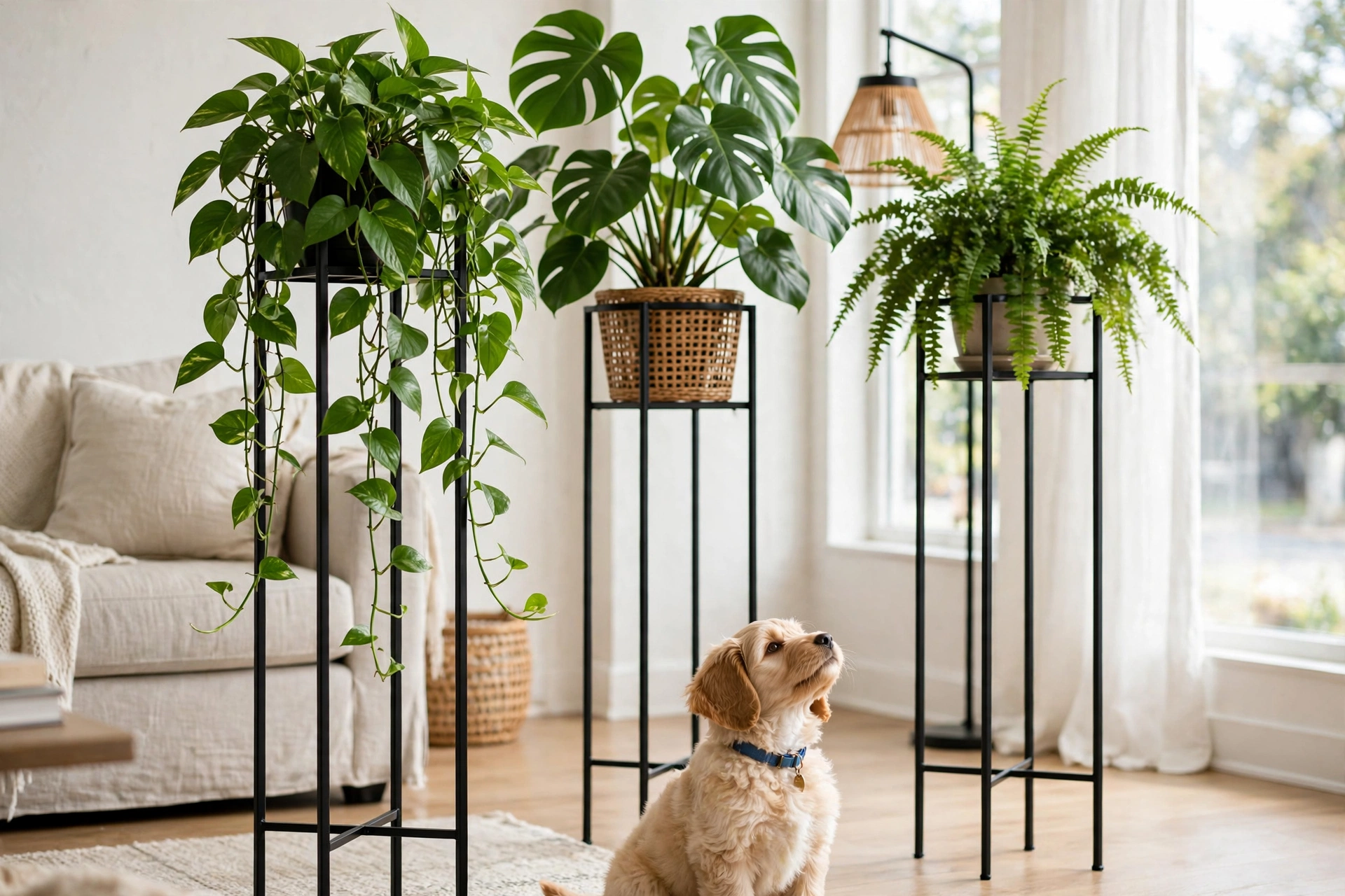 Houseplants elevated on tall metal plant stands out of reach, puppy on the floor below