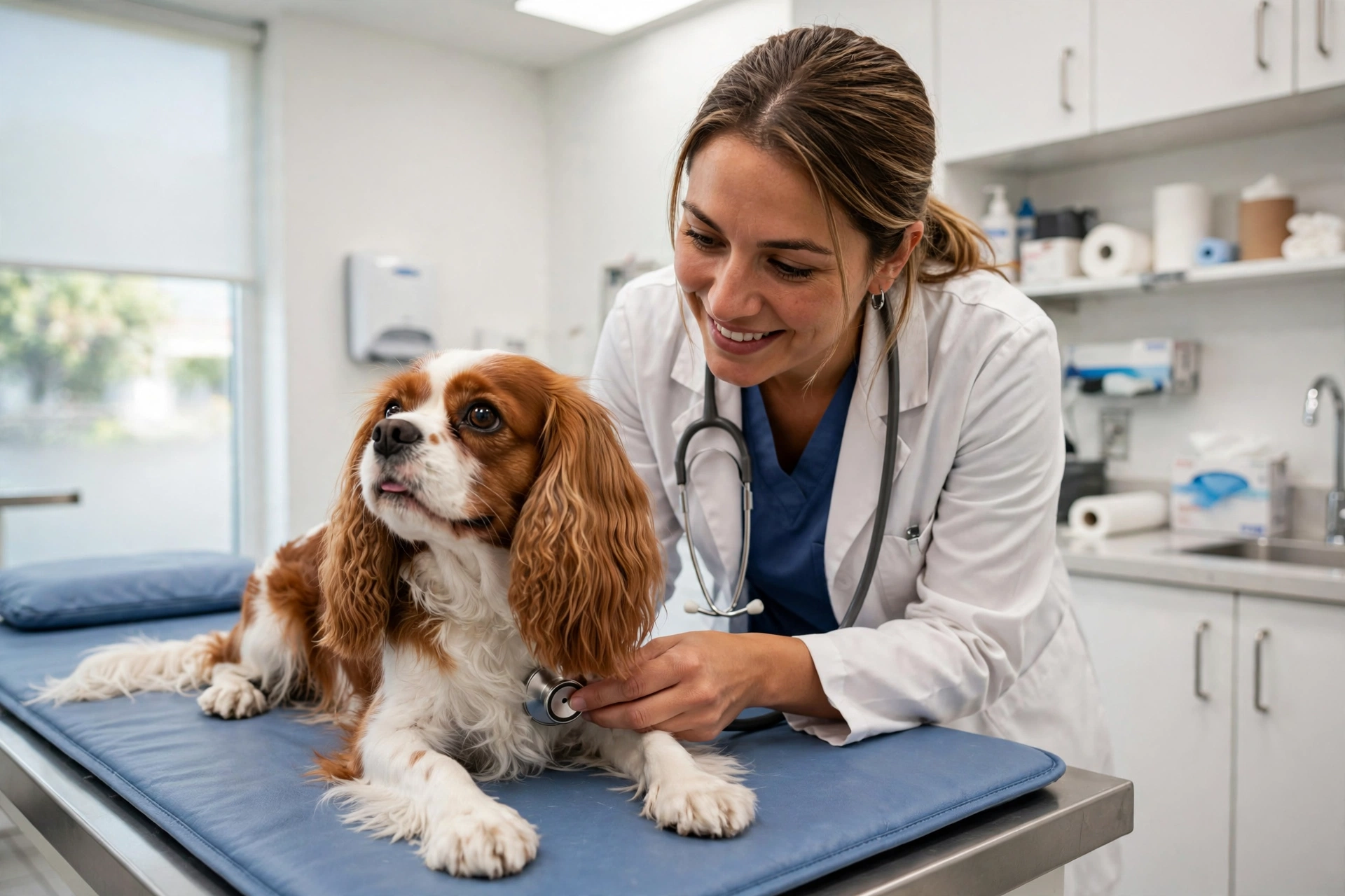 Veterinarian gently examining a calm Cavalier King Charles Spaniel during a routine health checkup