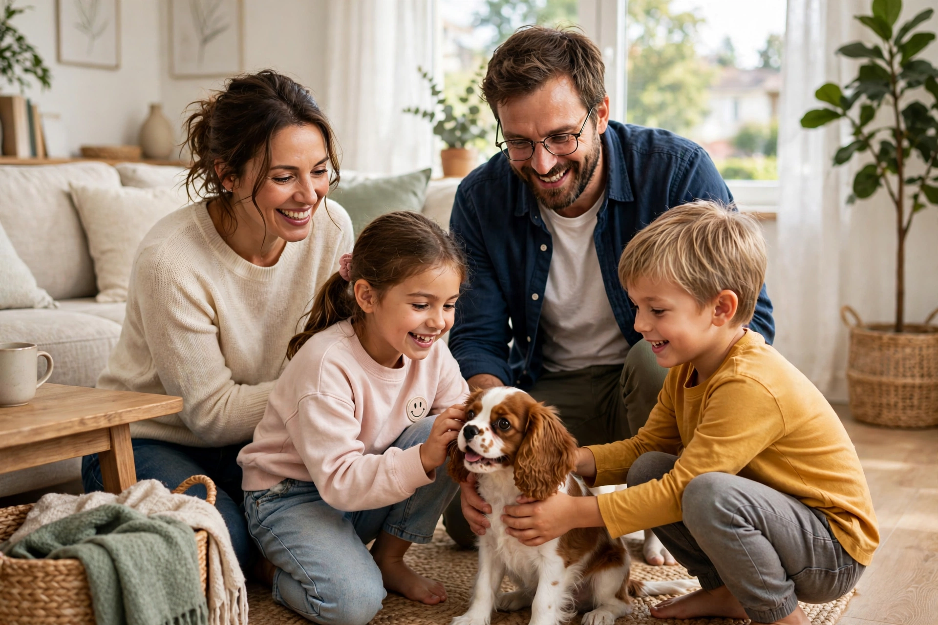 Happy family welcoming a Cavalier King Charles Spaniel puppy into their Massachusetts home