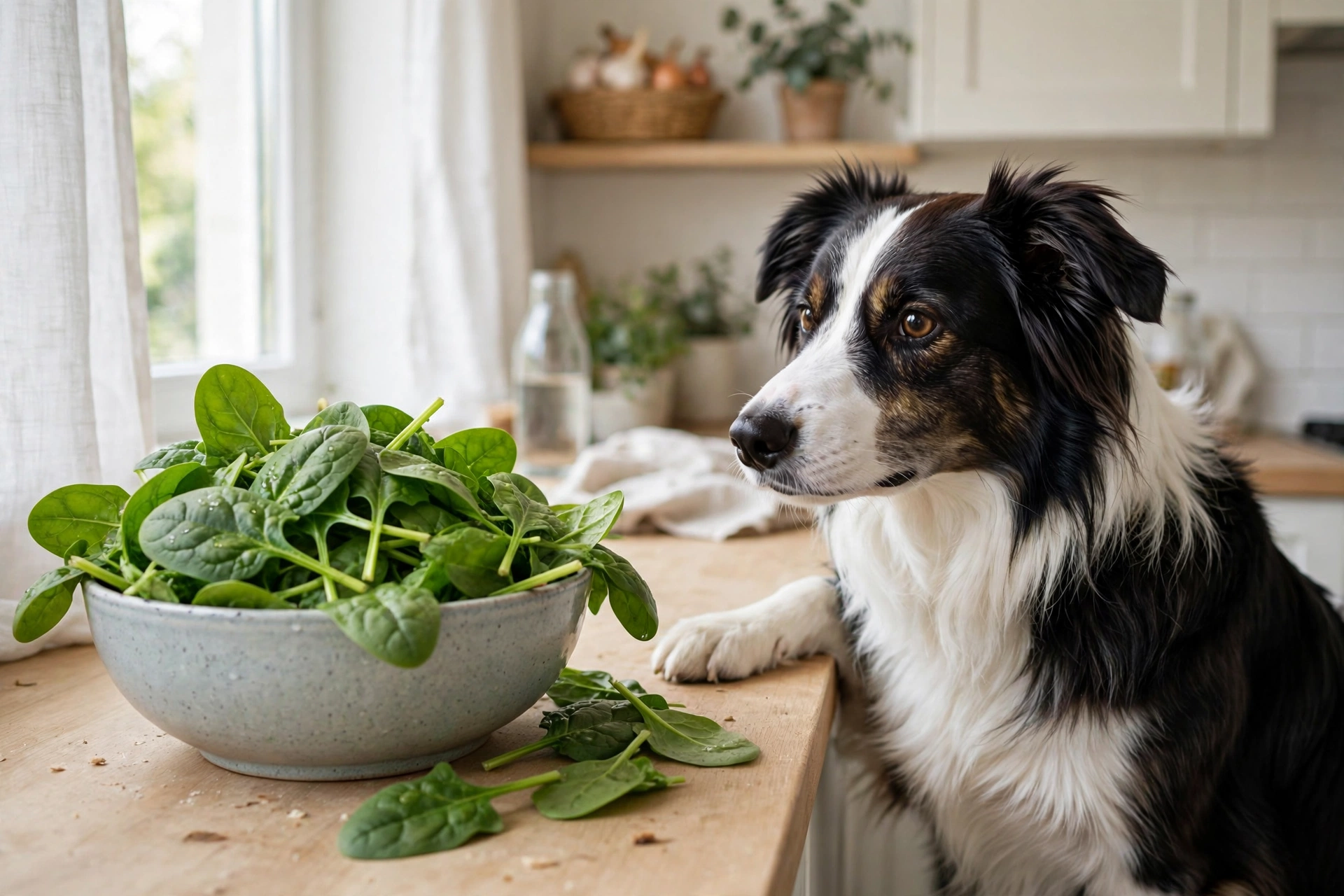 Fresh spinach leaves in a bowl beside a healthy dog