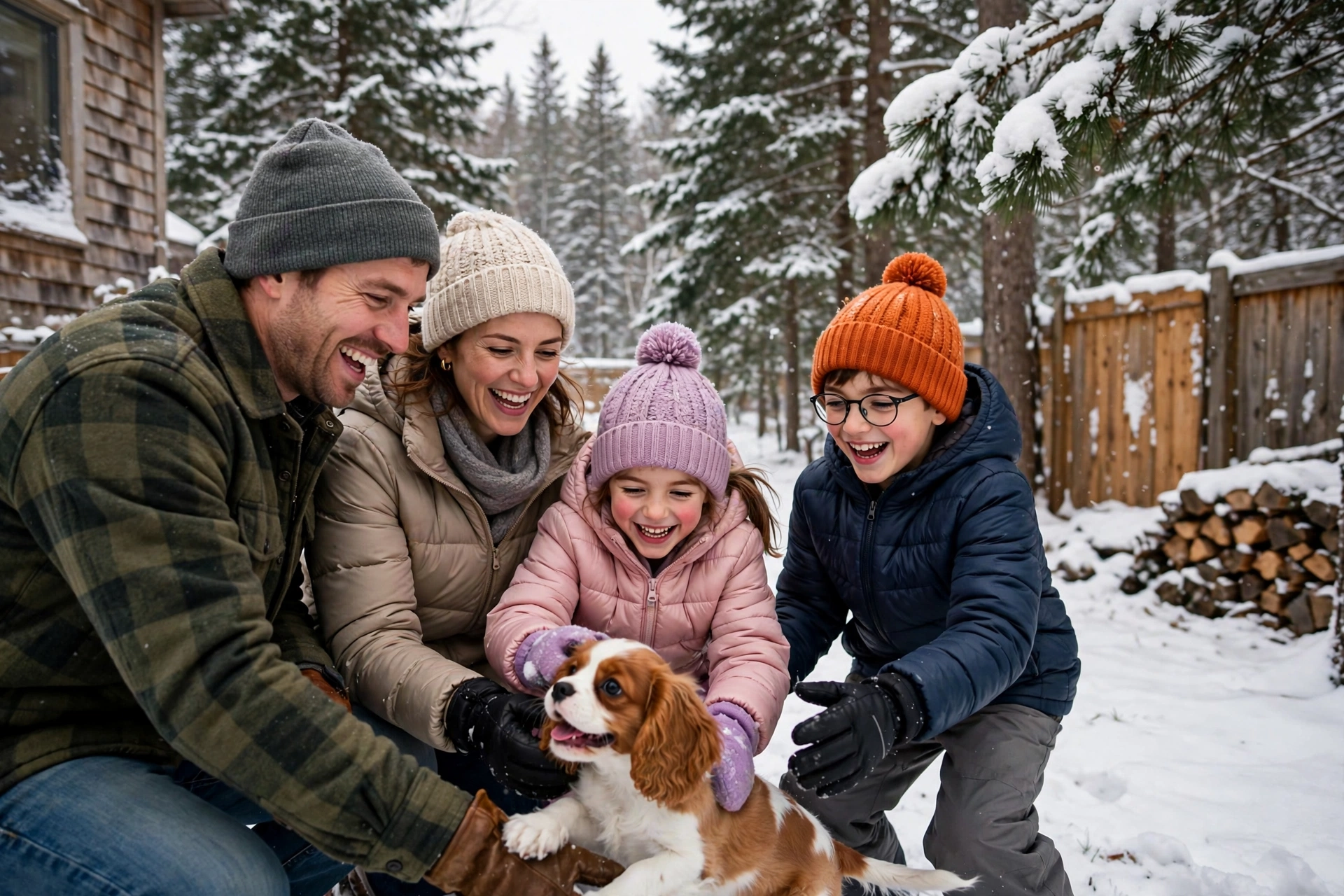 Happy family in Maine with their Cavalier King Charles Spaniel puppy in a snowy backyard