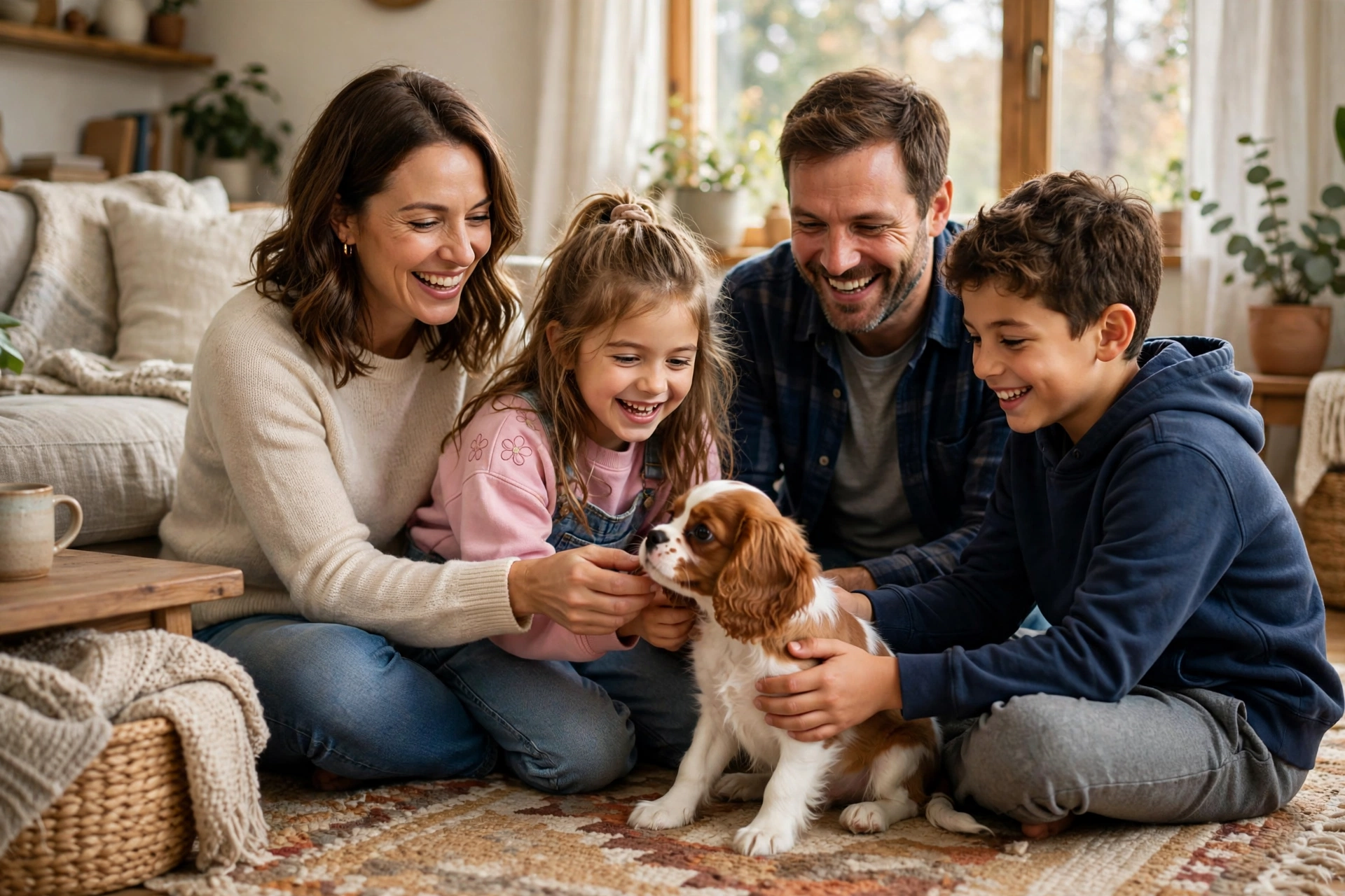 Happy family with children playing with a Cavalier King Charles Spaniel puppy on a living room rug