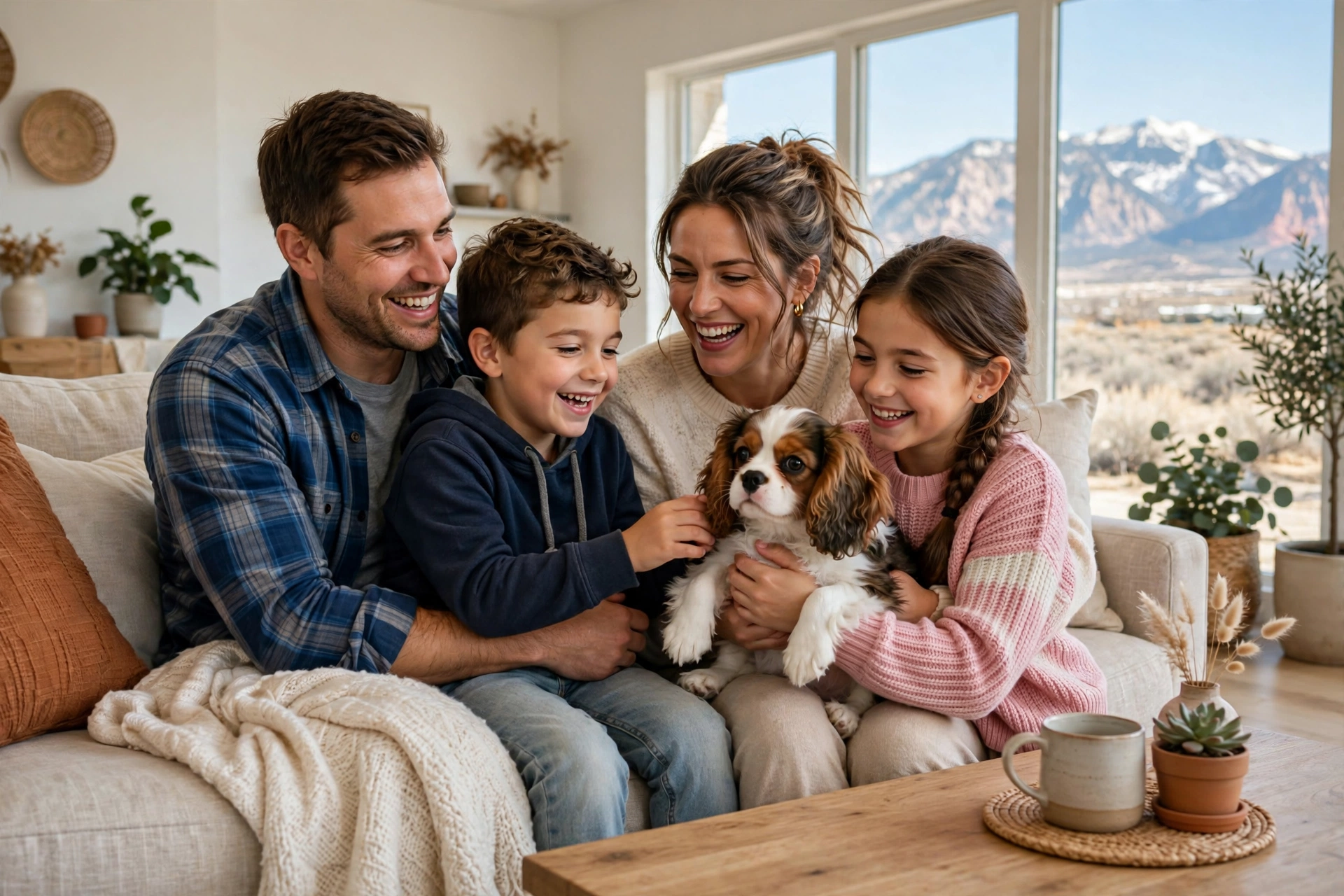 Happy family cuddling a Cavalier King Charles Spaniel puppy on a couch in a bright living room