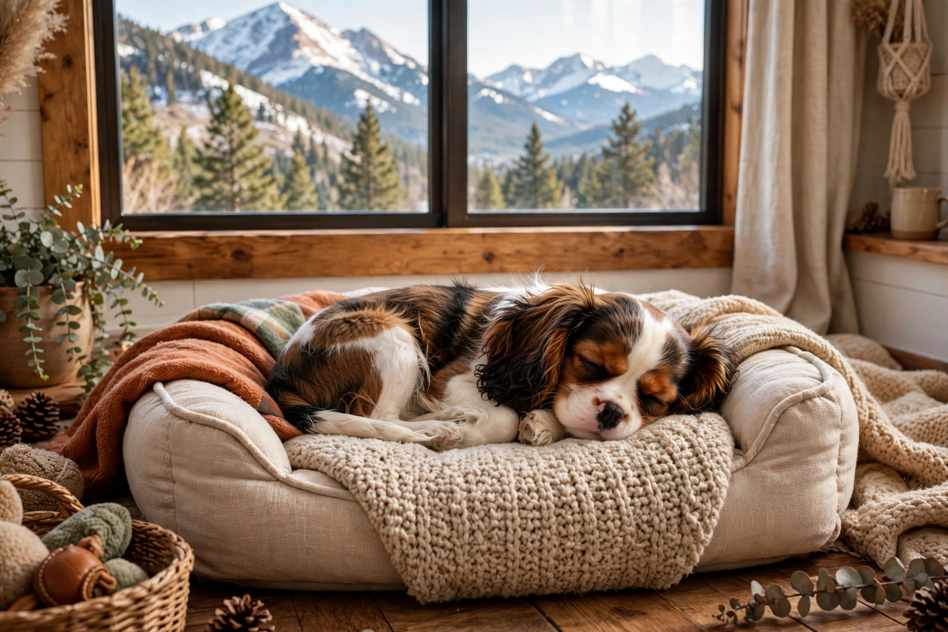 Cavalier King Charles Spaniel puppy sleeping curled up on a cozy dog bed in a warm Colorado home with mountain peaks visible through a window