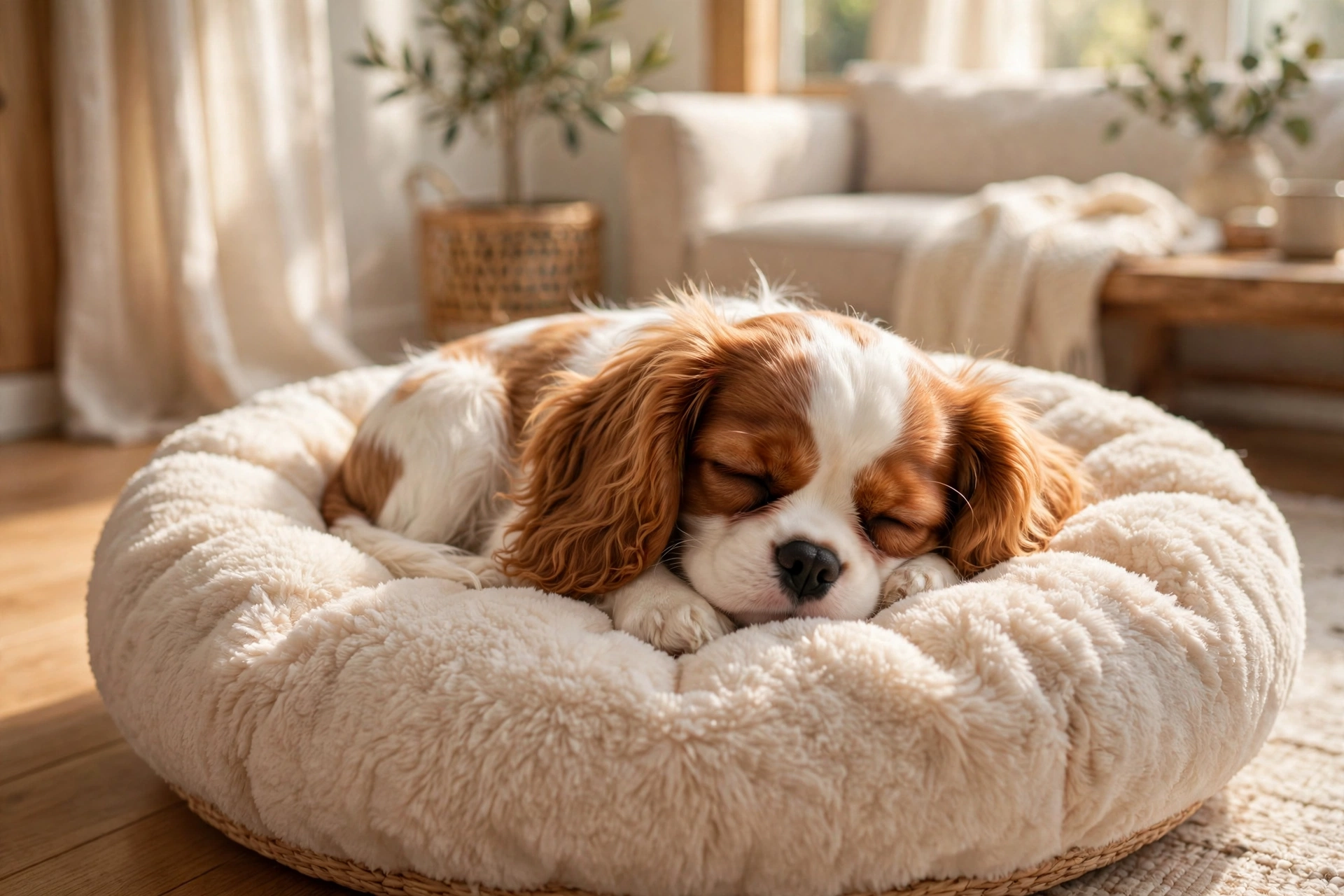 Cavalier King Charles Spaniel puppy sleeping peacefully on a cozy dog bed