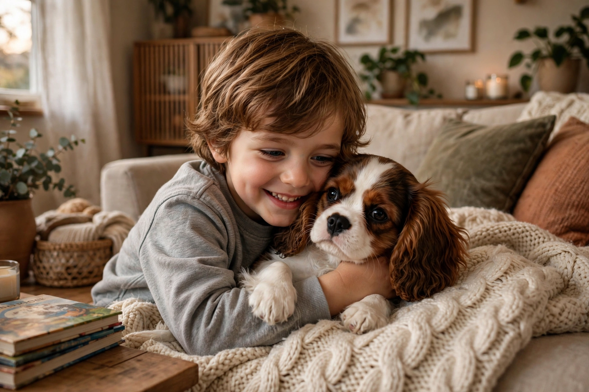 Cavalier King Charles Spaniel puppy cuddling with a child on a couch in a Maryland family home