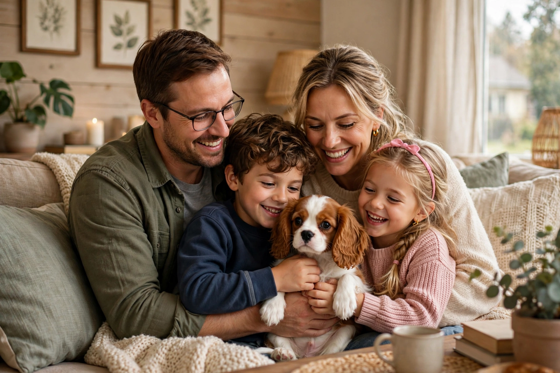 Happy family with two kids cuddling a Cavalier King Charles Spaniel puppy on a couch in a cozy living room