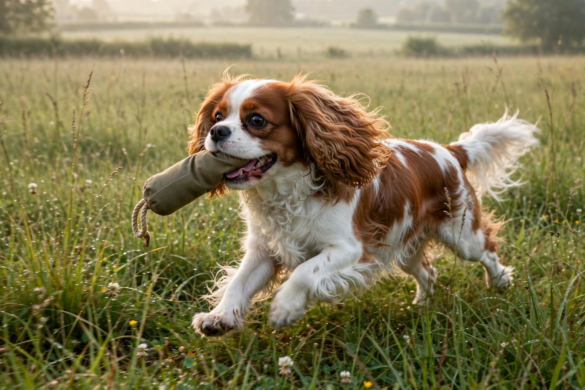 Cavalier King Charles Spaniel retrieving a toy from tall grass in a field