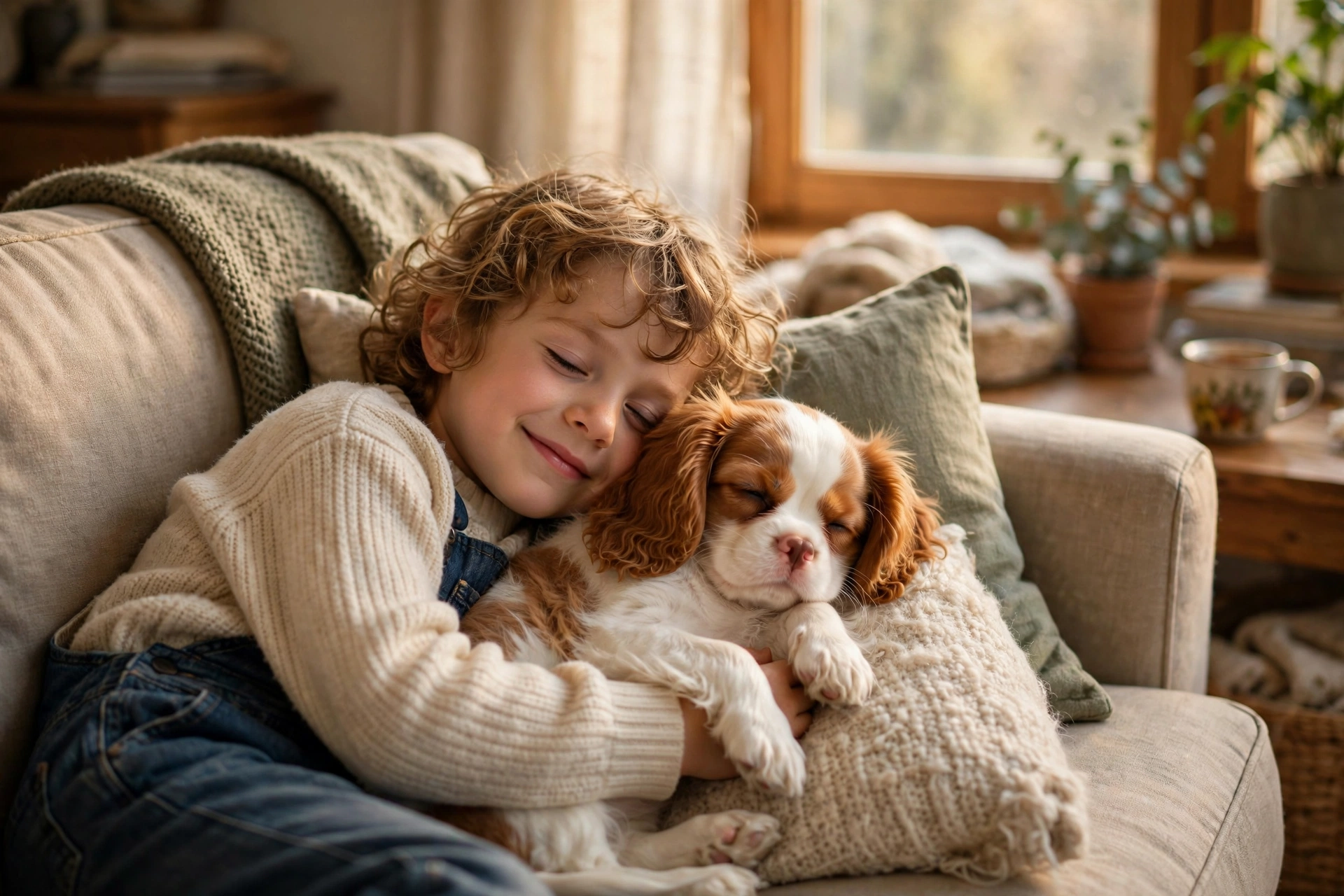 Cavalier King Charles Spaniel puppy cuddling with a child on a sofa