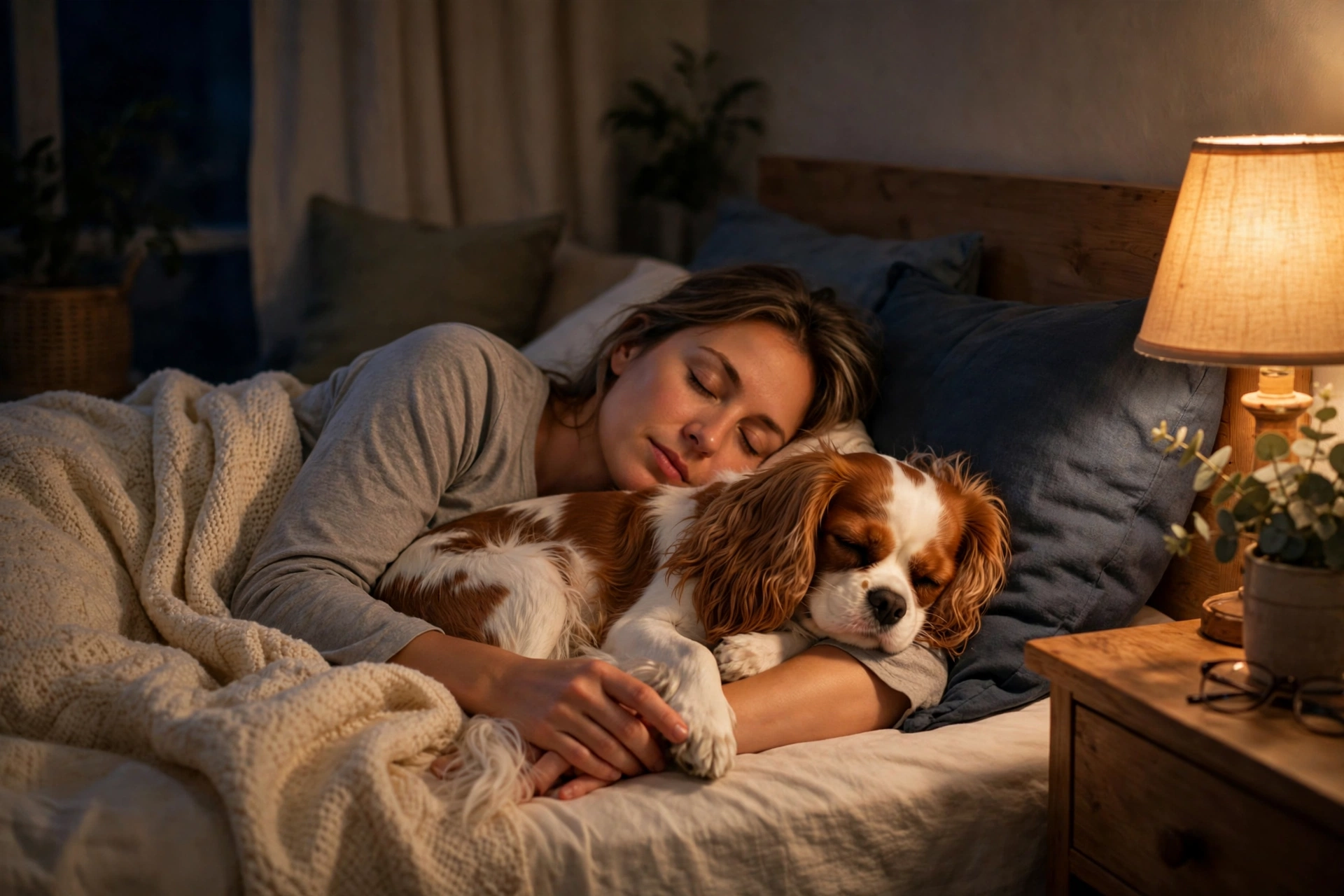 Cavalier King Charles Spaniel sleeping pressed against its owner on a bed