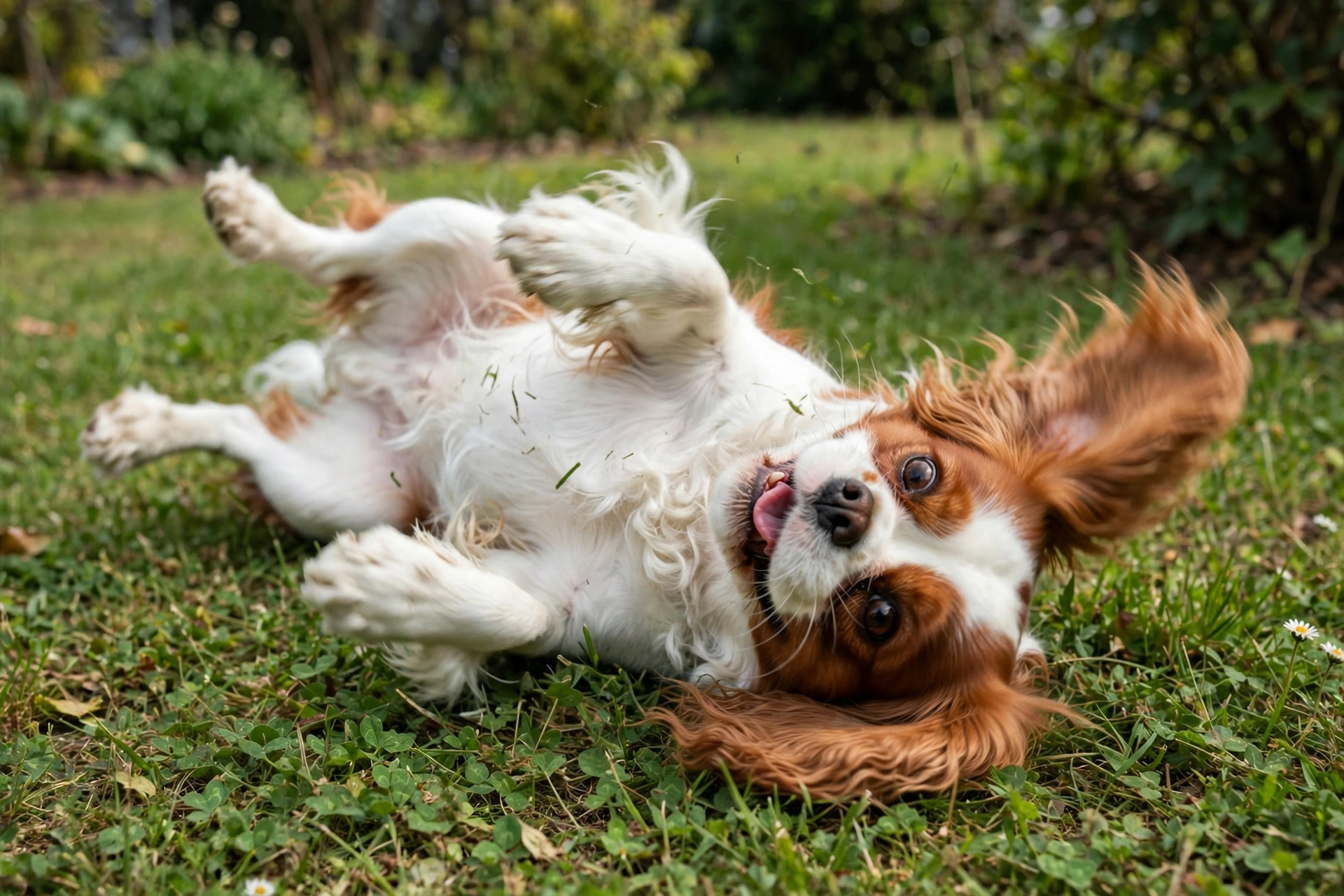 Cavalier King Charles Spaniel rolling over on grass
