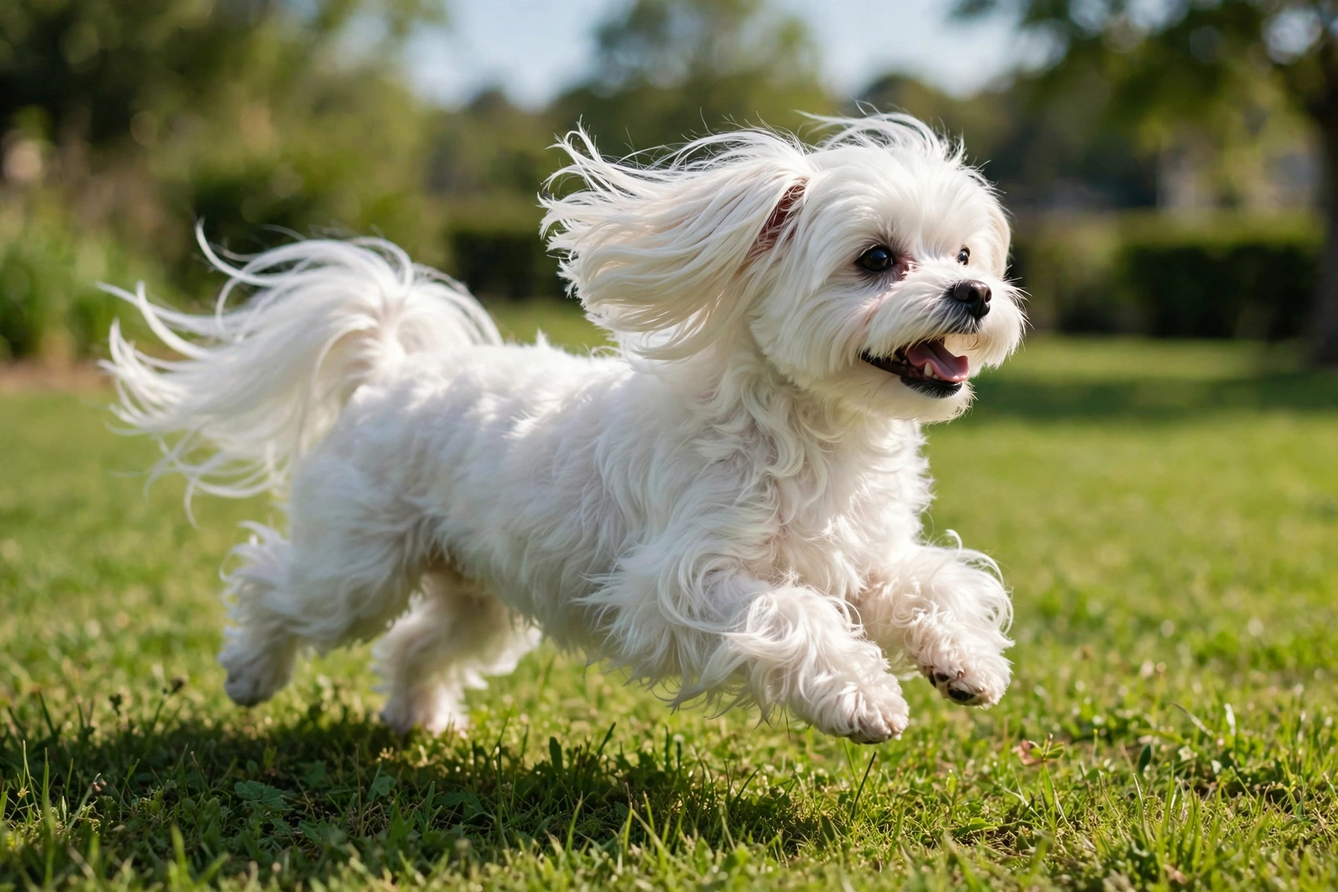 White Maltese dog running happily on grass