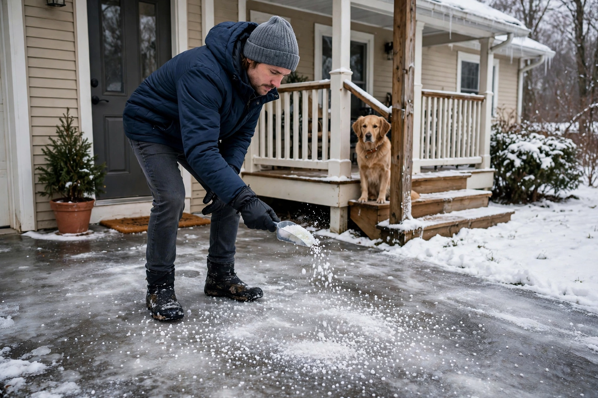 Spreading pet-safe ice melt on an icy driveway in winter