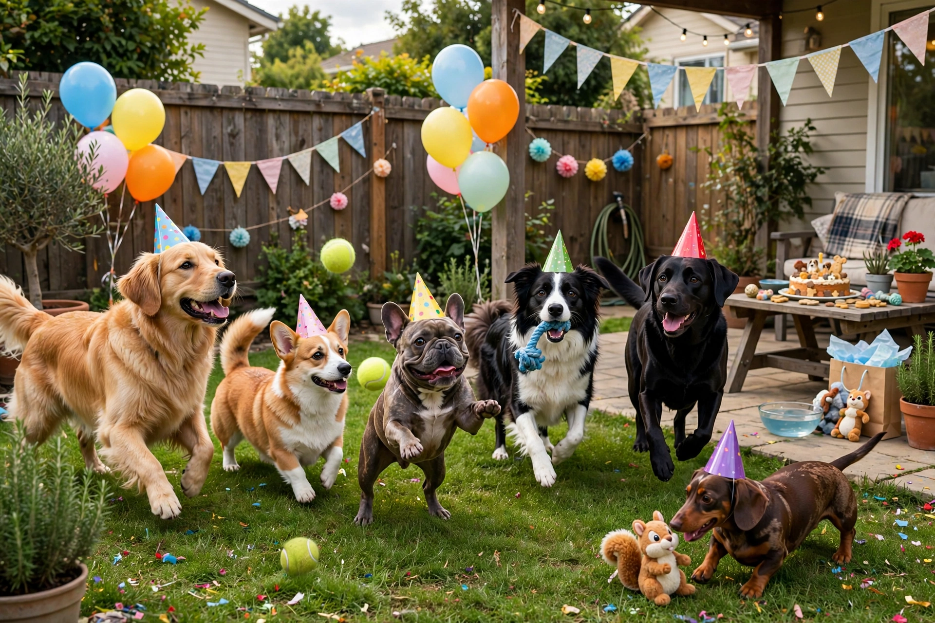 Happy dogs playing together at an outdoor birthday party with decorations