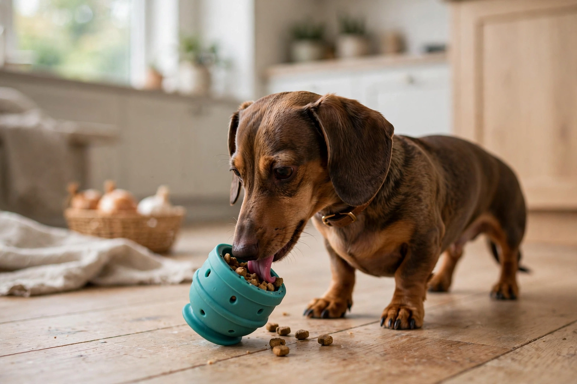 Dachshund licking treats from a small teal West Paw Toppl treat dispenser toy
