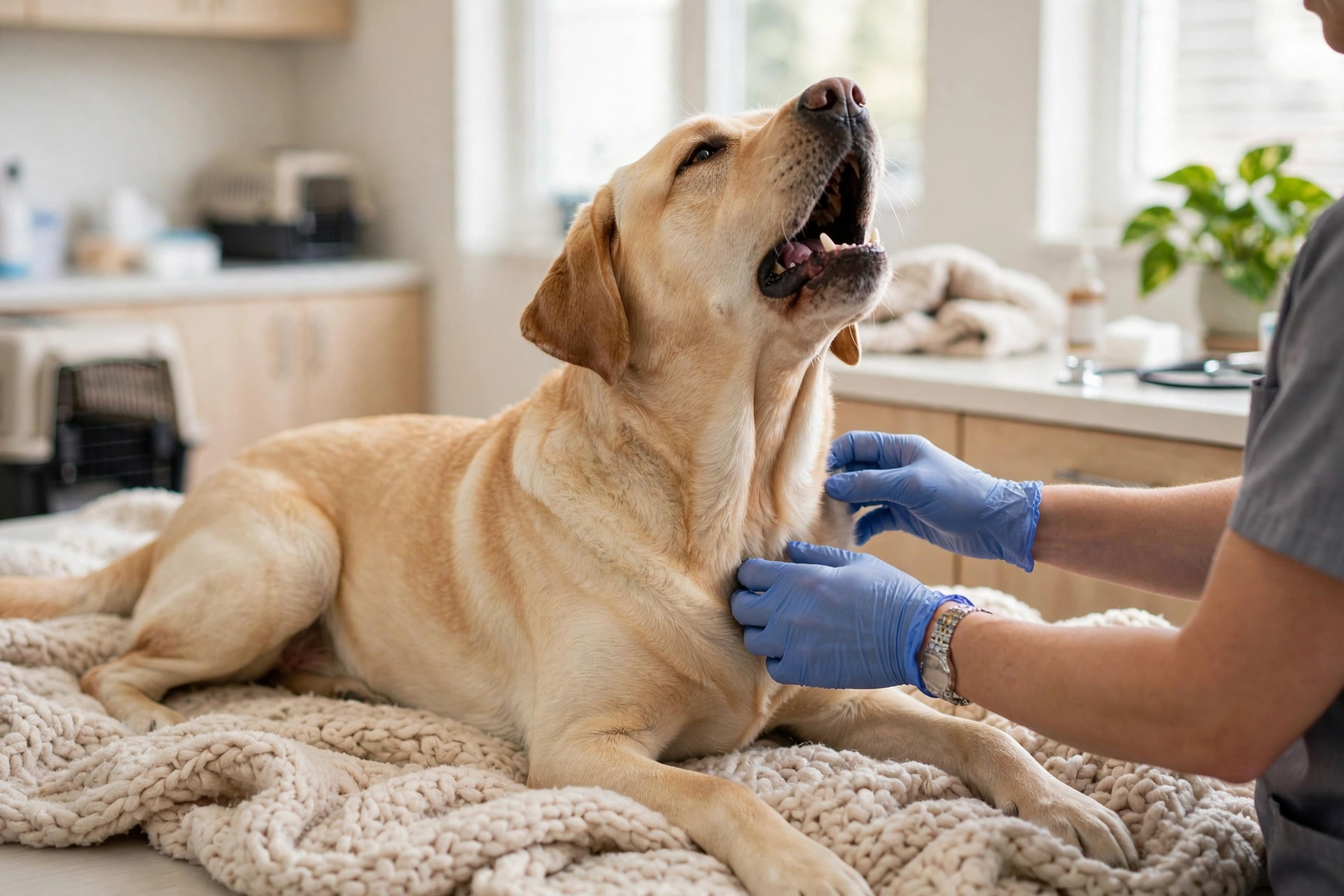Labrador howling while being gently comforted at the veterinary clinic