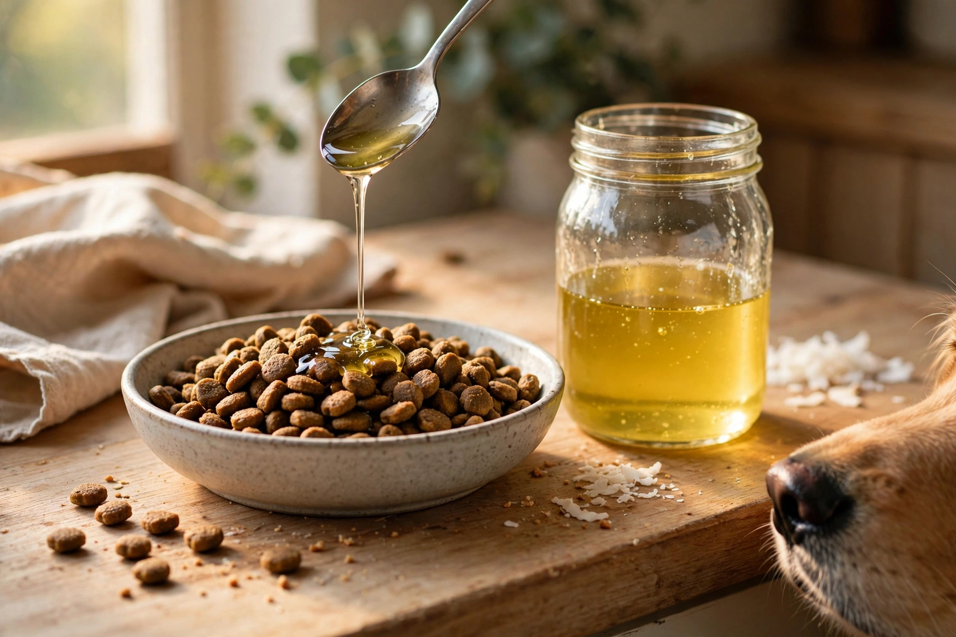 Spoon of coconut oil being drizzled over dog kibble in a bowl