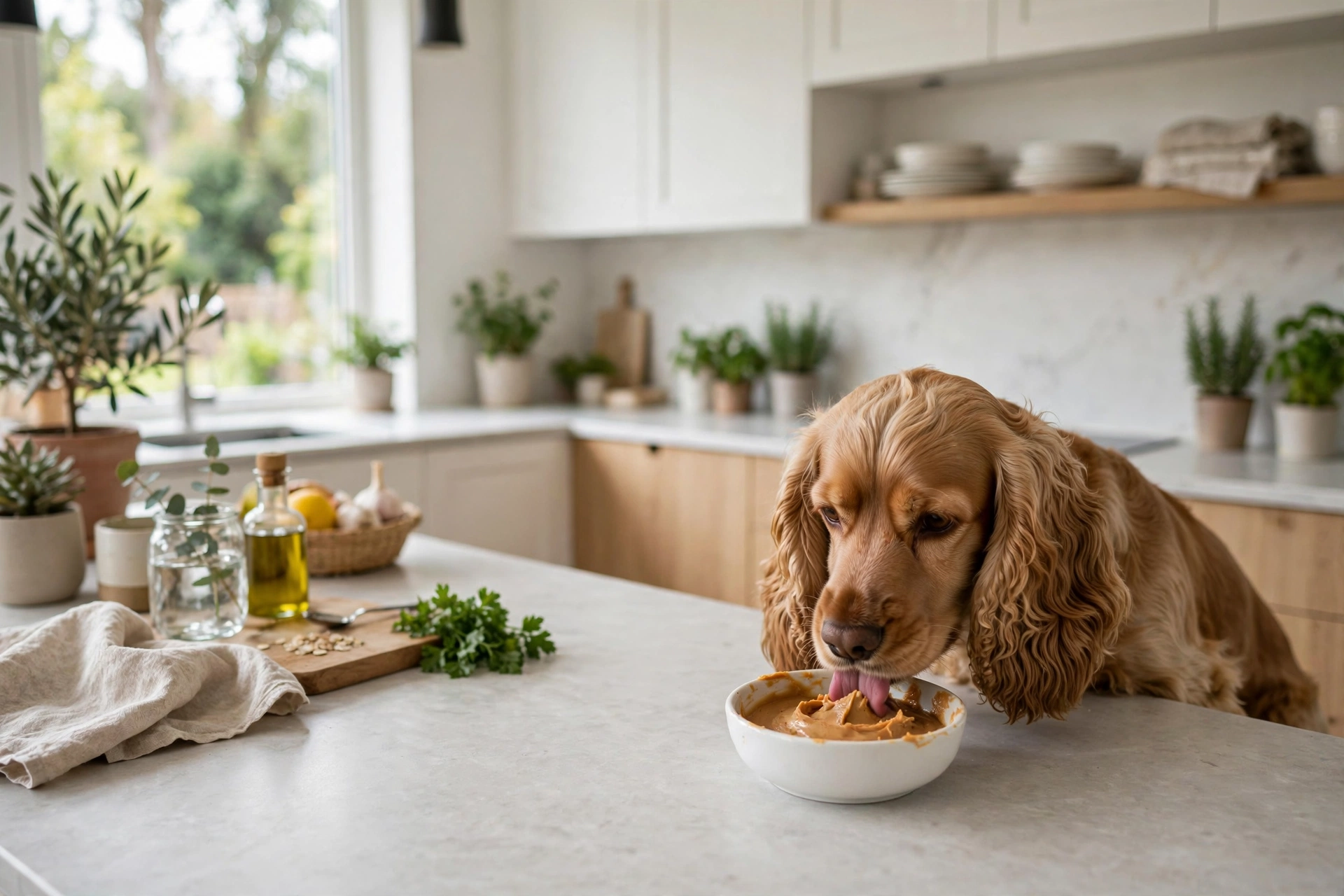 Cocker spaniel licking organic peanut butter from a ceramic bowl