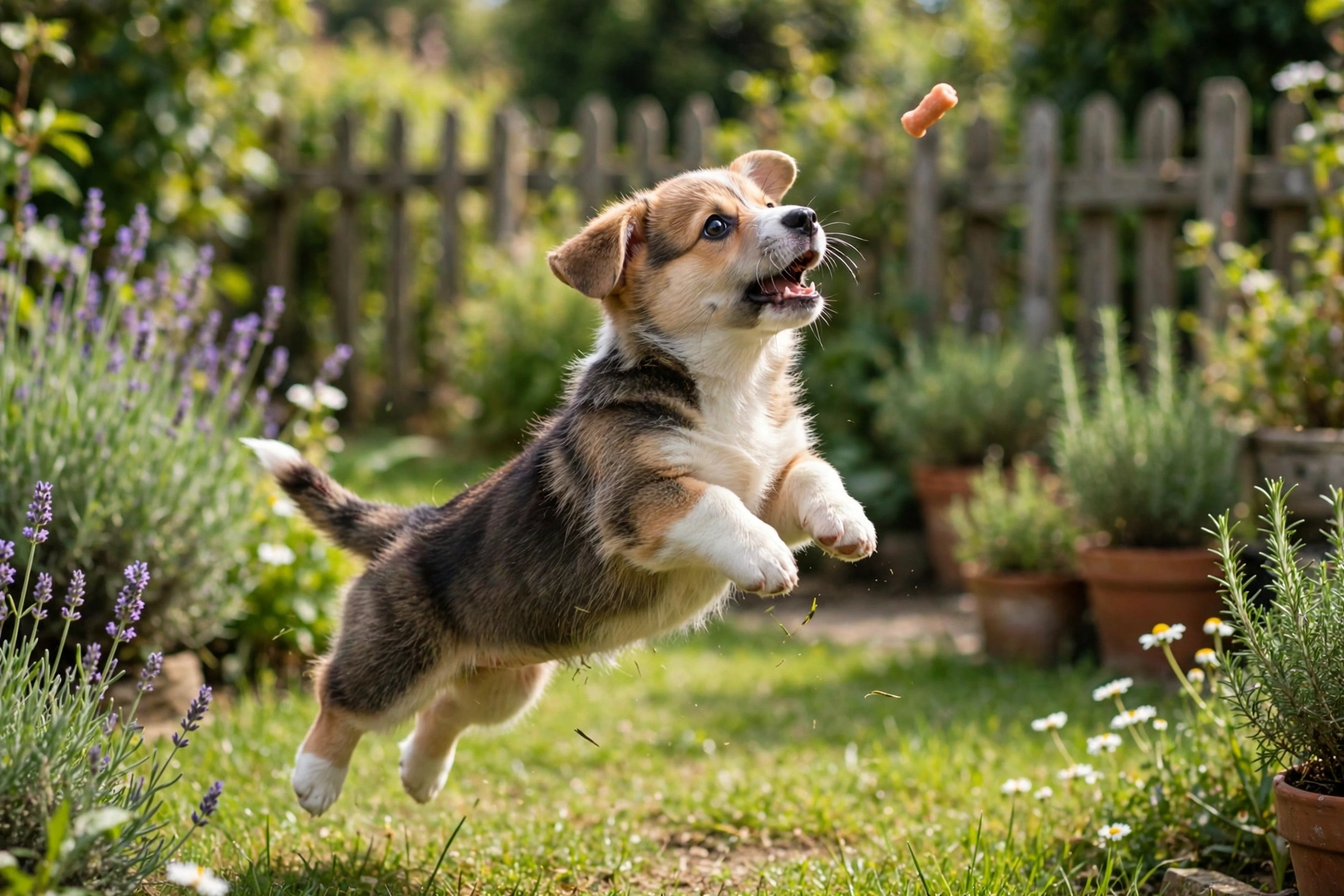 Corgi puppy jumping to catch a small soft salmon training treat tossed in the air