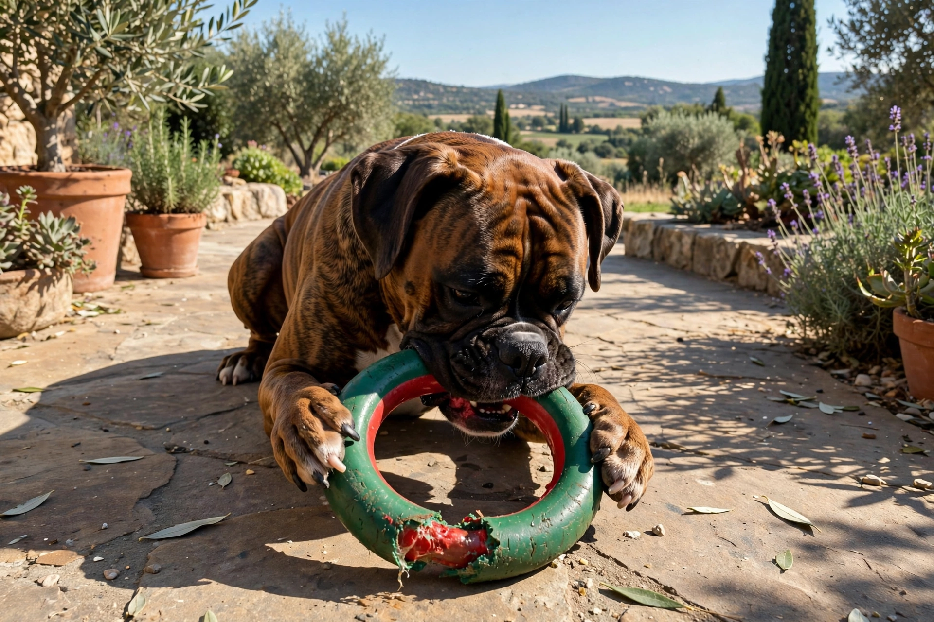 Brindle boxer gnawing a green rubber chew ring toy