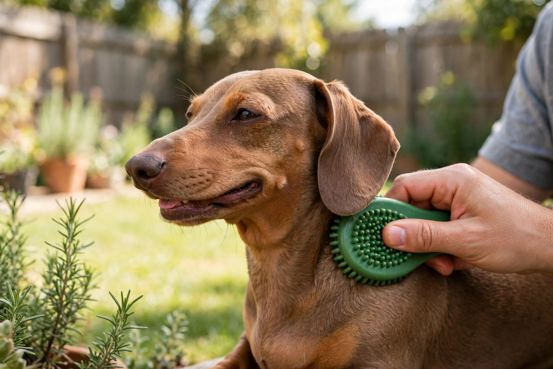 FURminator rubber curry comb massaging a short-haired Dachshund