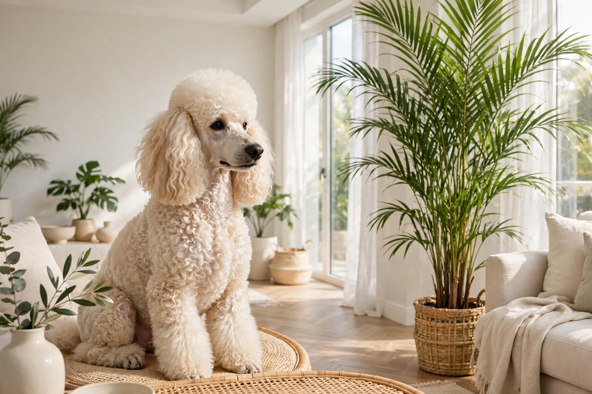 Elegant poodle with a fresh tropical scent in a bright airy room