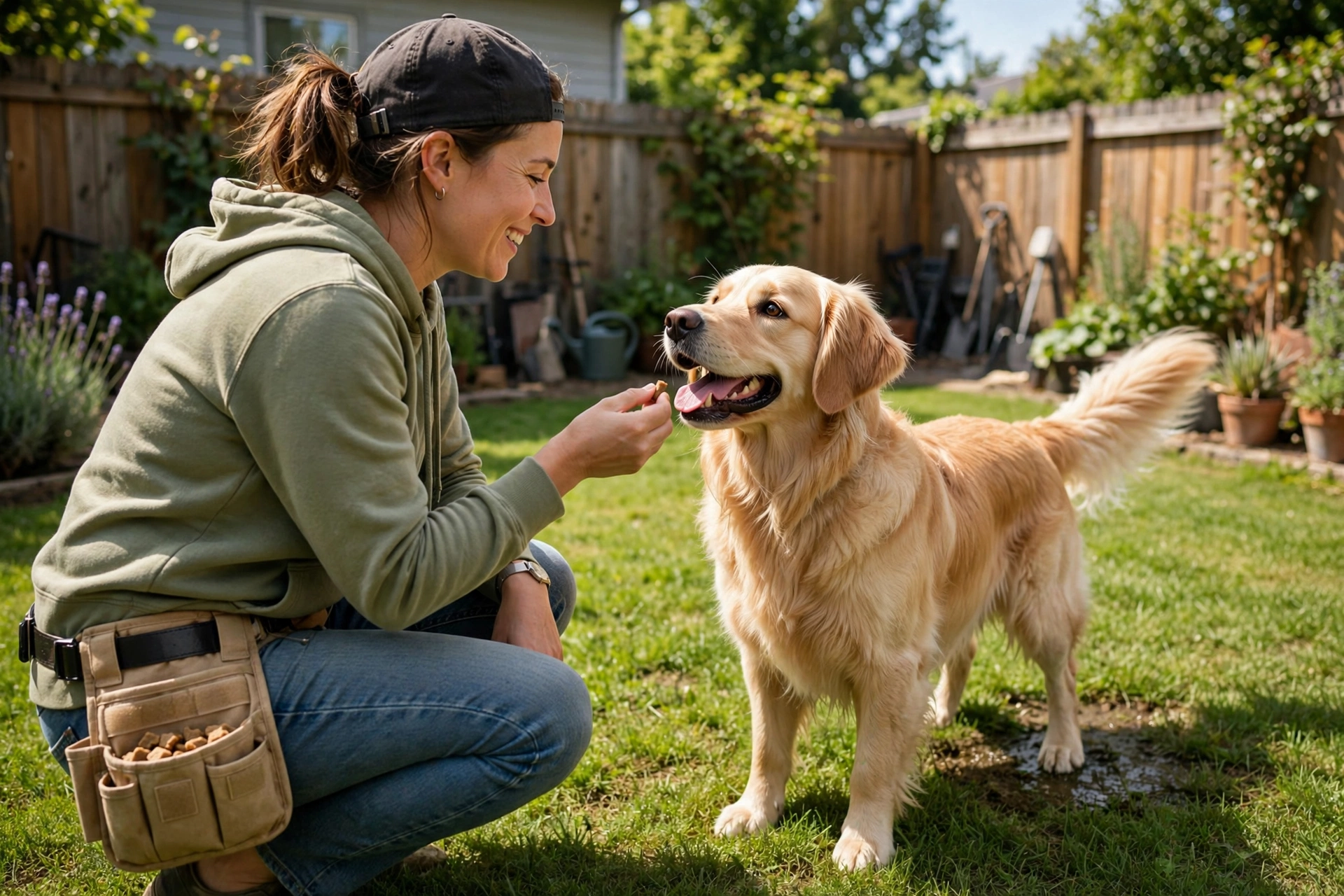 Owner rewarding a dog with a treat outside on the grass after peeing