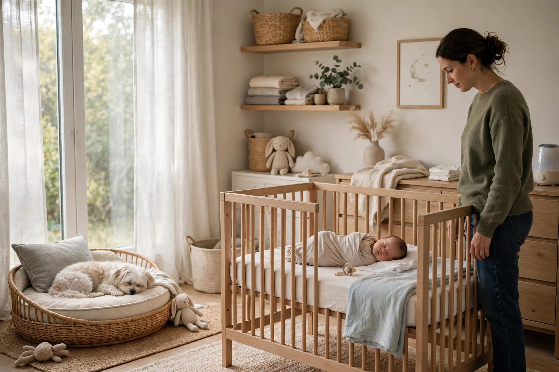 Dog resting on its bed while baby naps in a crib under supervision