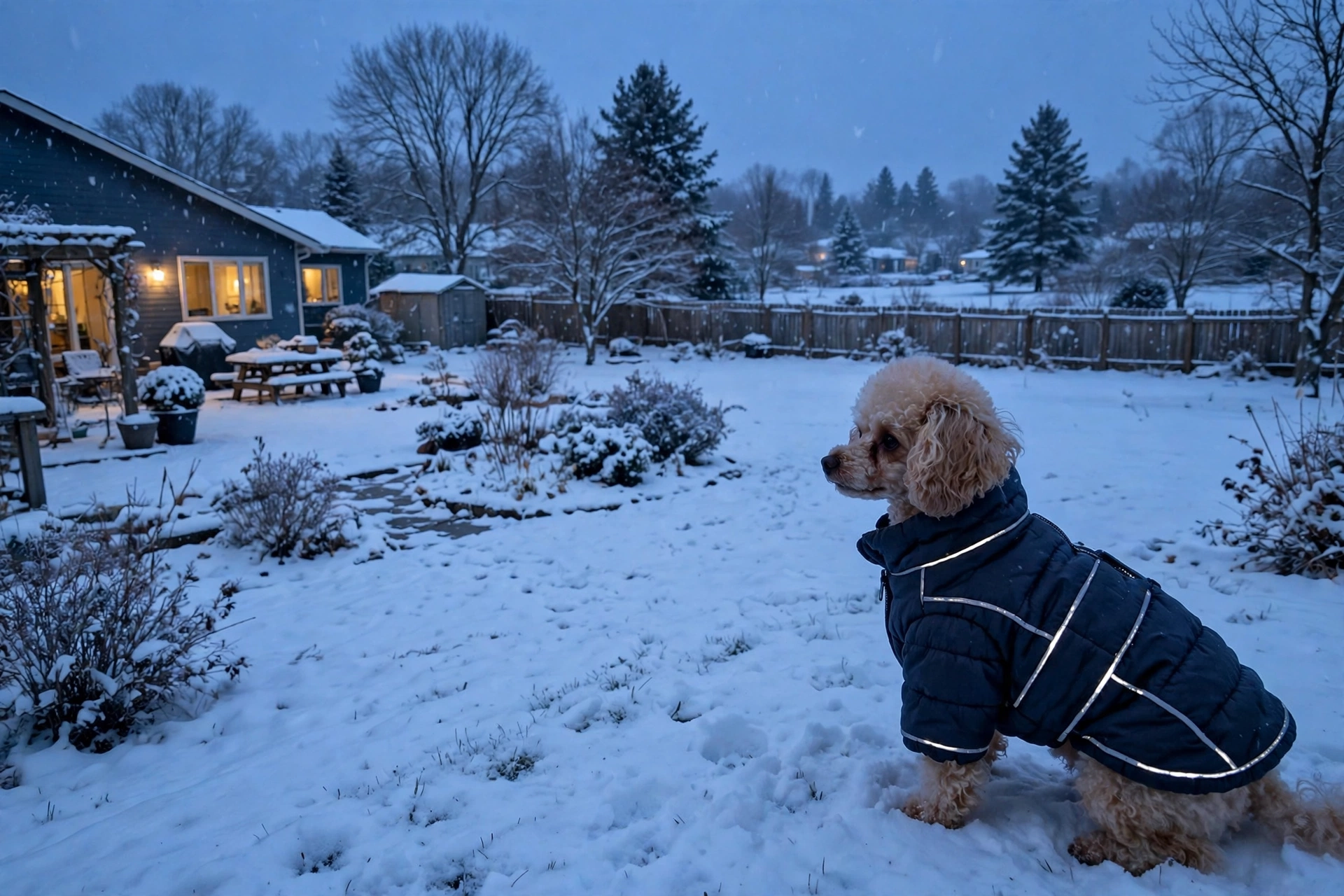Small miniature poodle wearing a thick padded ThinkPet reversible winter dog jacket in a snowy backyard