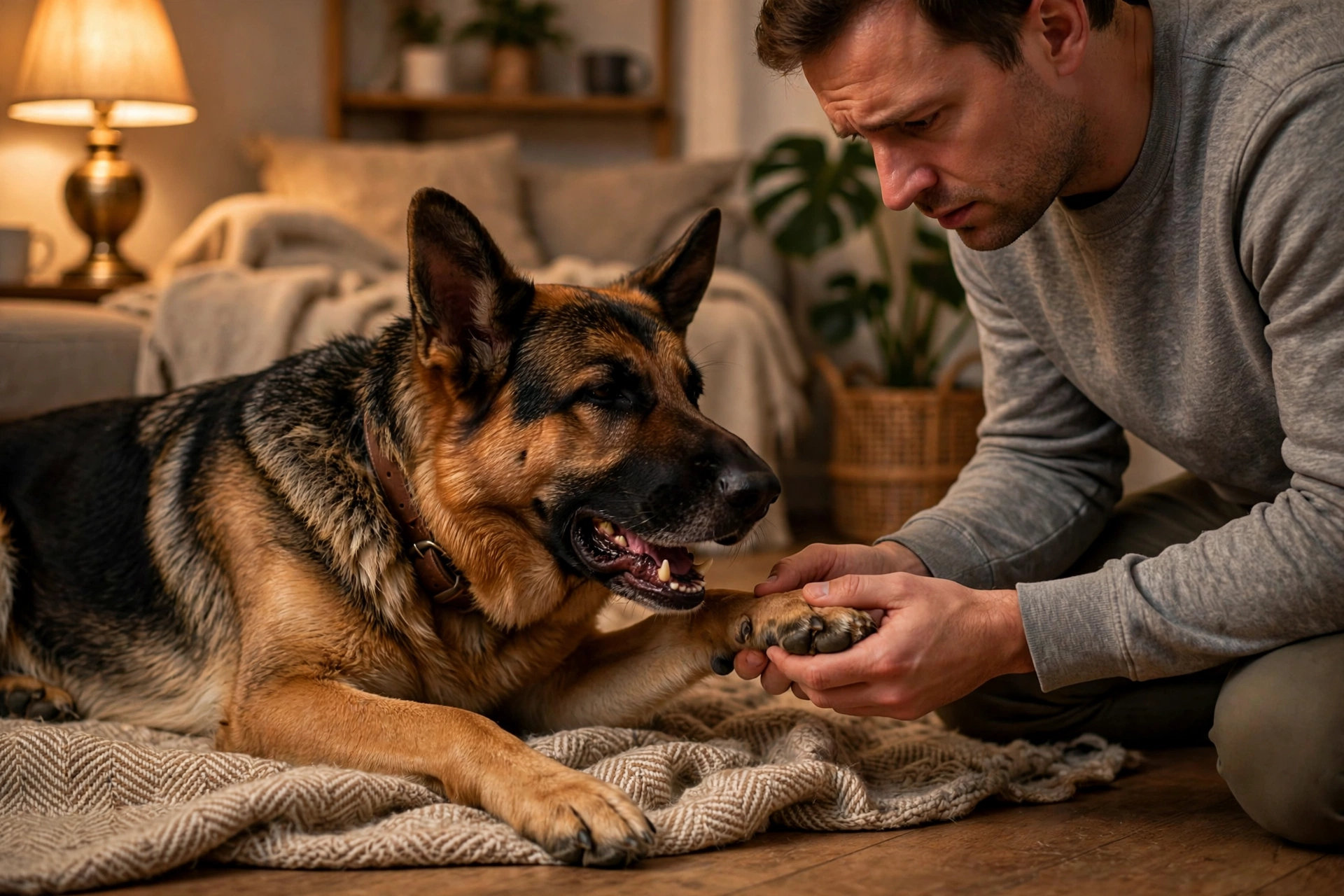 German shepherd groaning softly while owner gently checks its paw