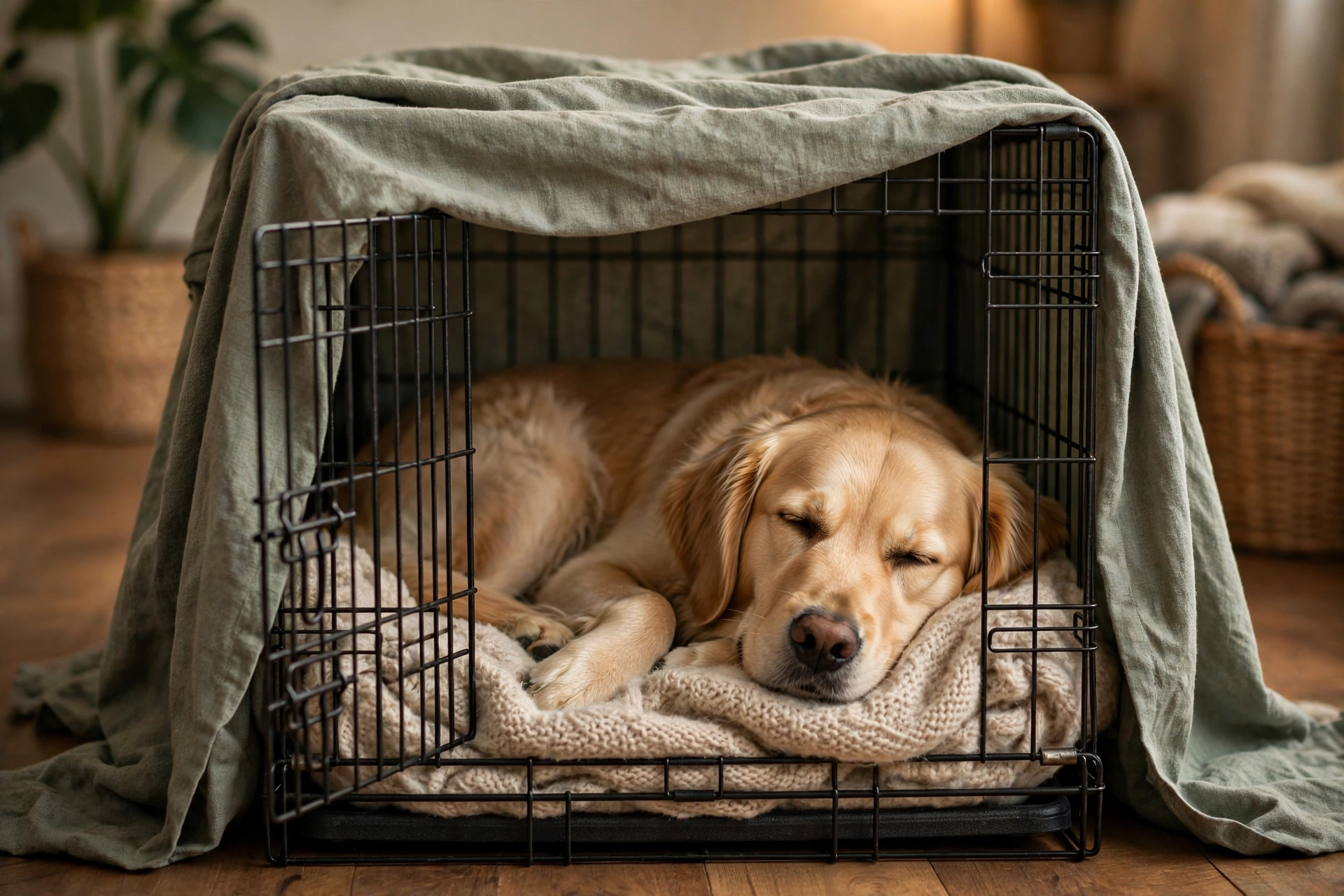 Dog relaxing inside a cozy covered crate with a soft blanket