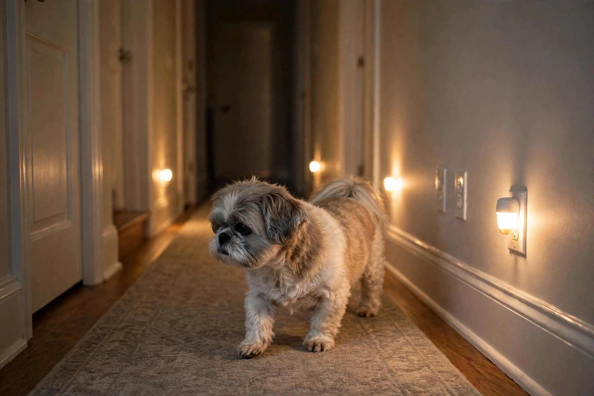 Senior dog walking carefully along a hallway lit by warm night lights