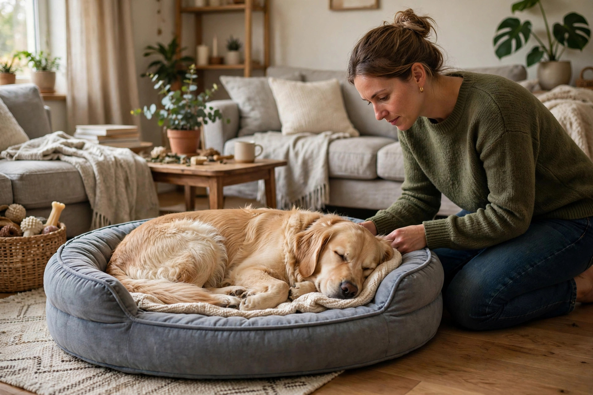 Owner gently checking on a sleeping dog in the living room