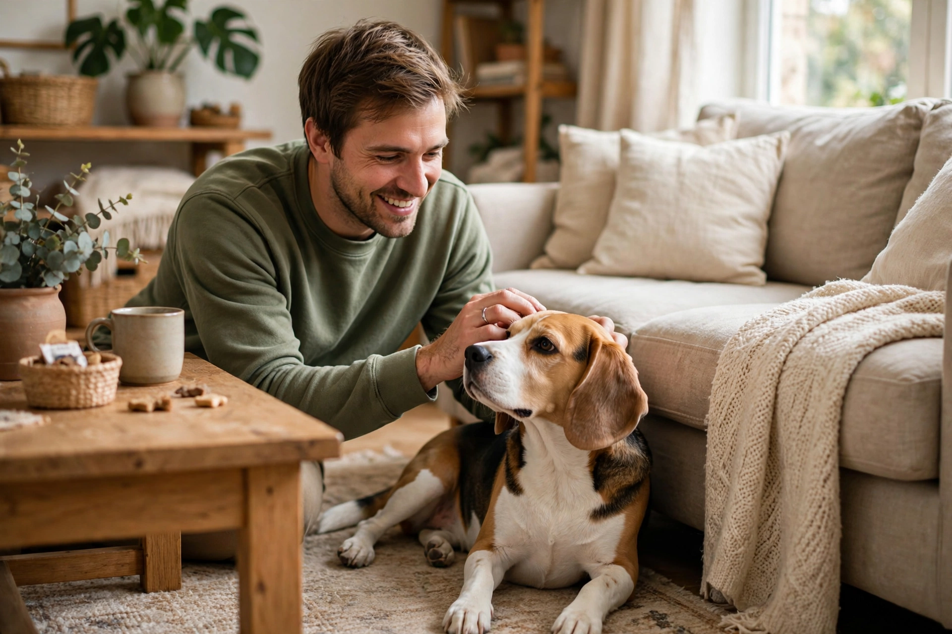 Owner gently petting a calm dog beside the couch in a positive training moment