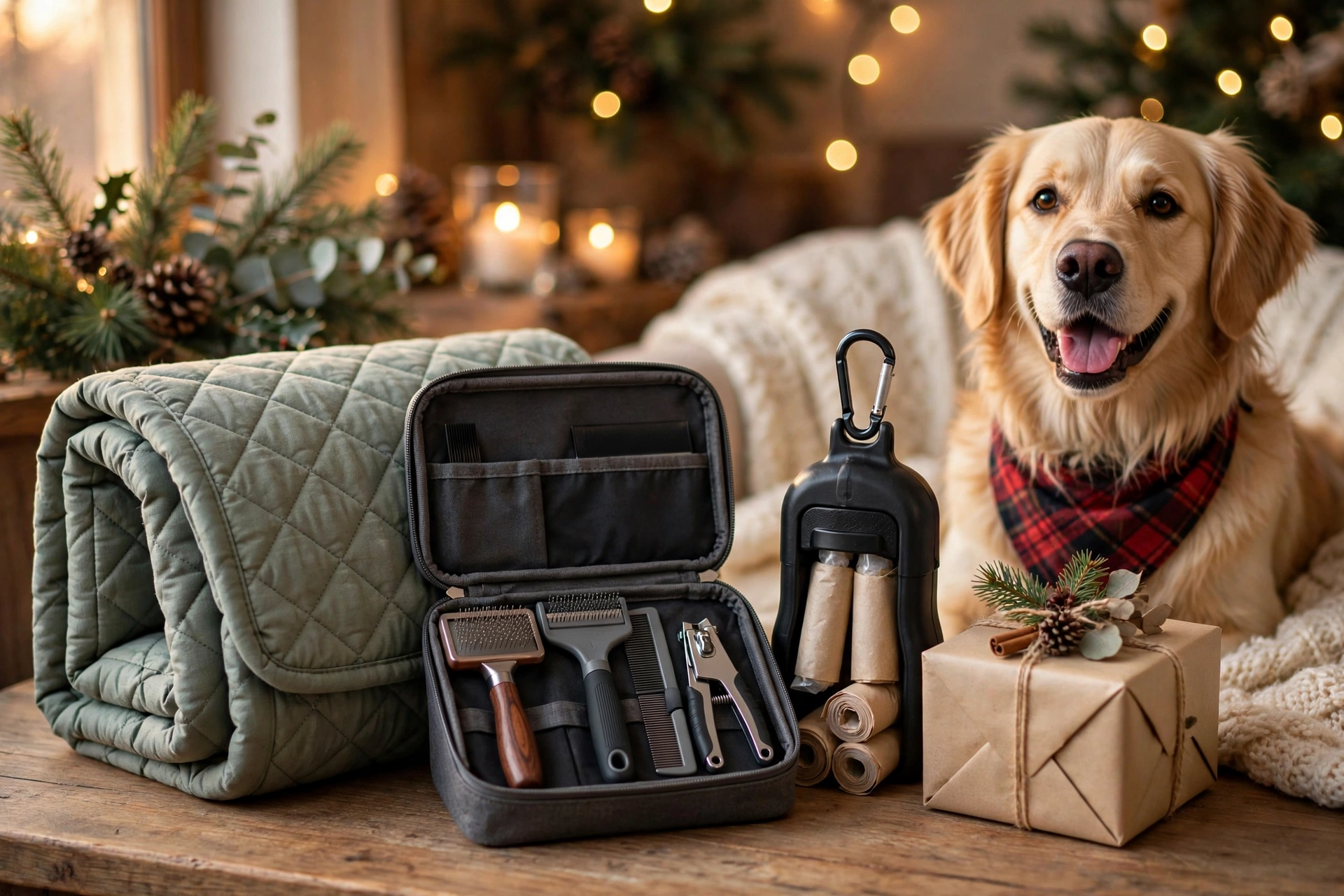 Practical Christmas gifts for dog owners including a car seat cover and grooming kit
