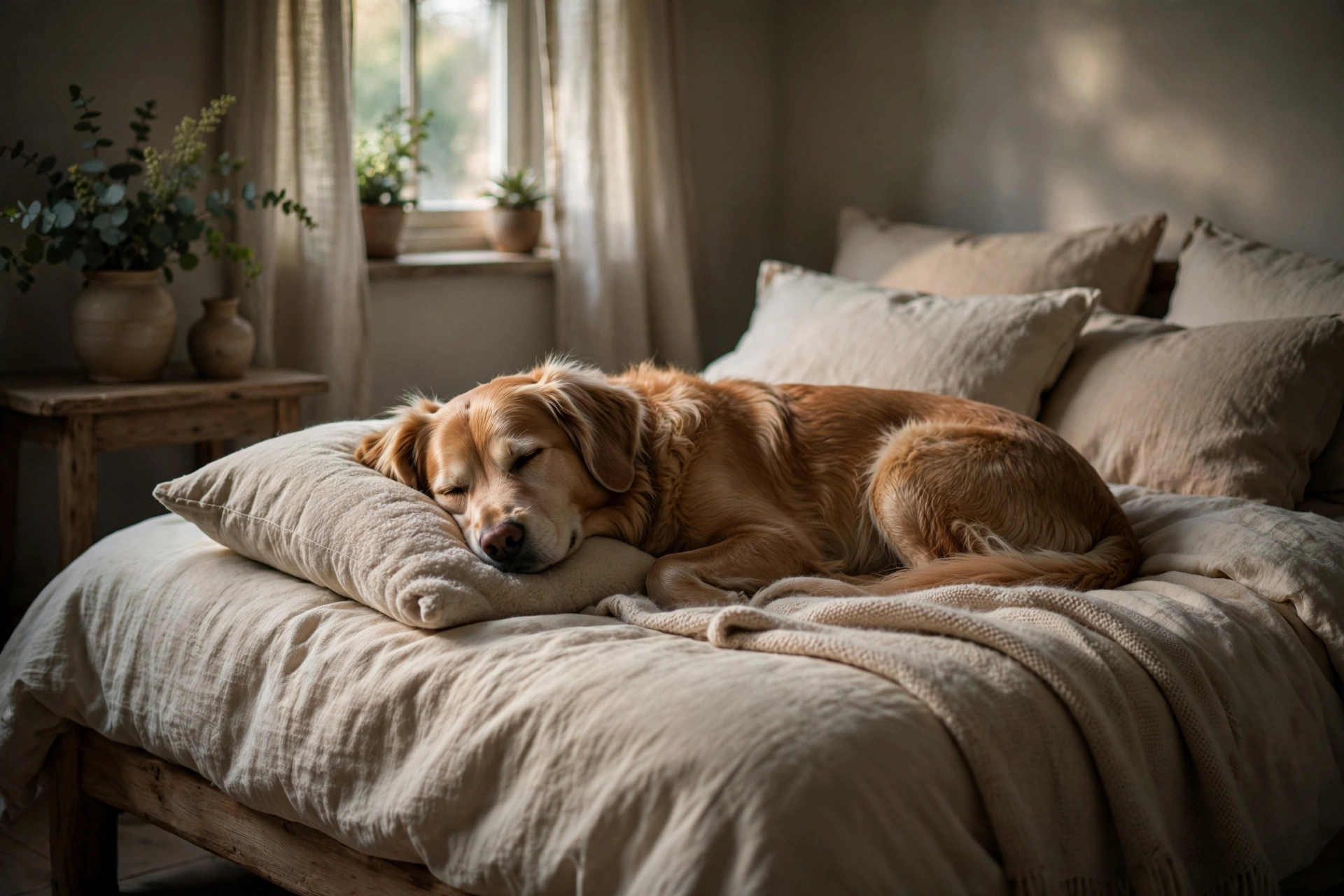 Calm dog resting peacefully on a comfortable bed in a soothing room
